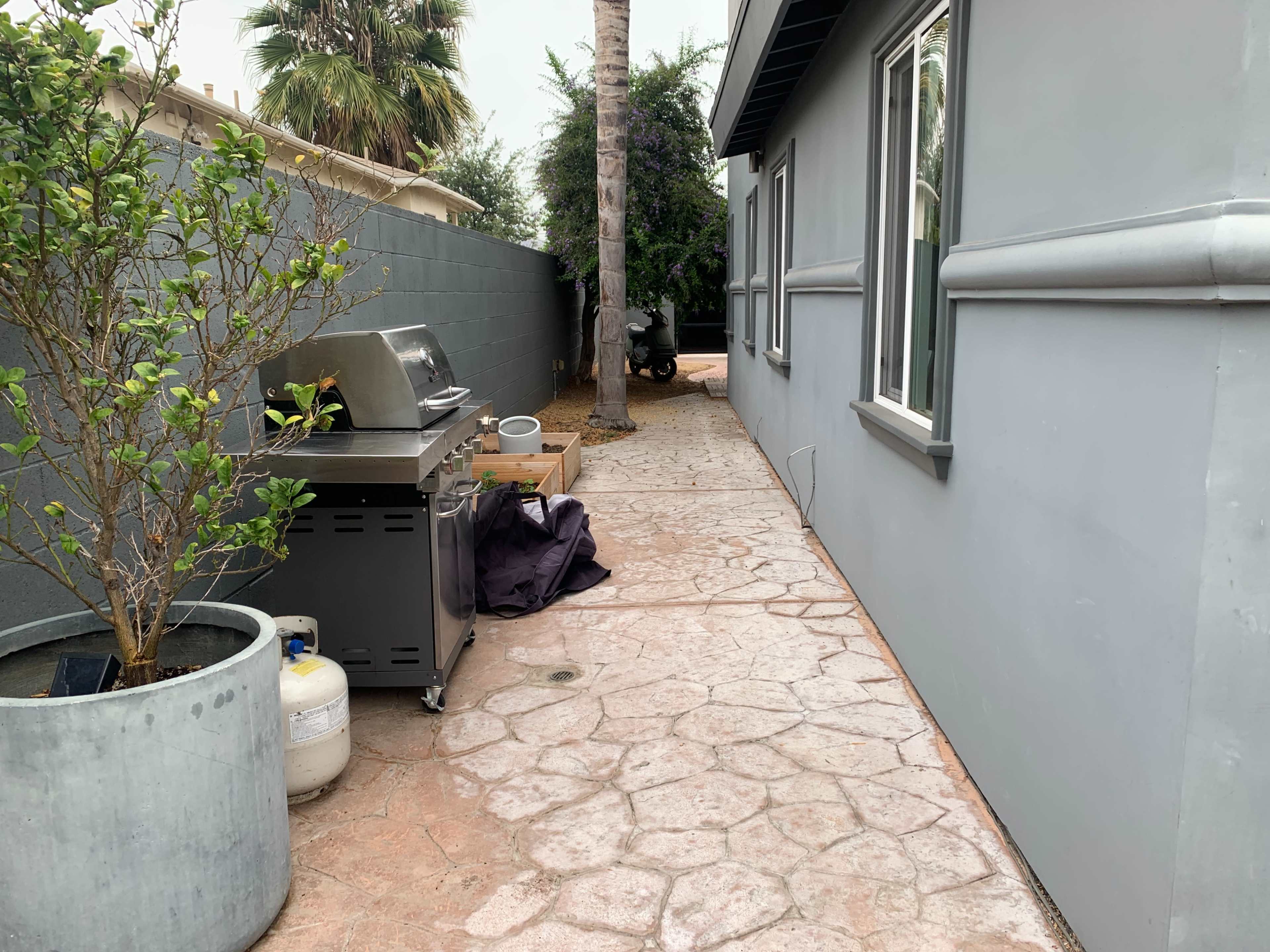 A narrow walkway is flanked by a grill and a potted plant, leading alongside the side of a gray building.