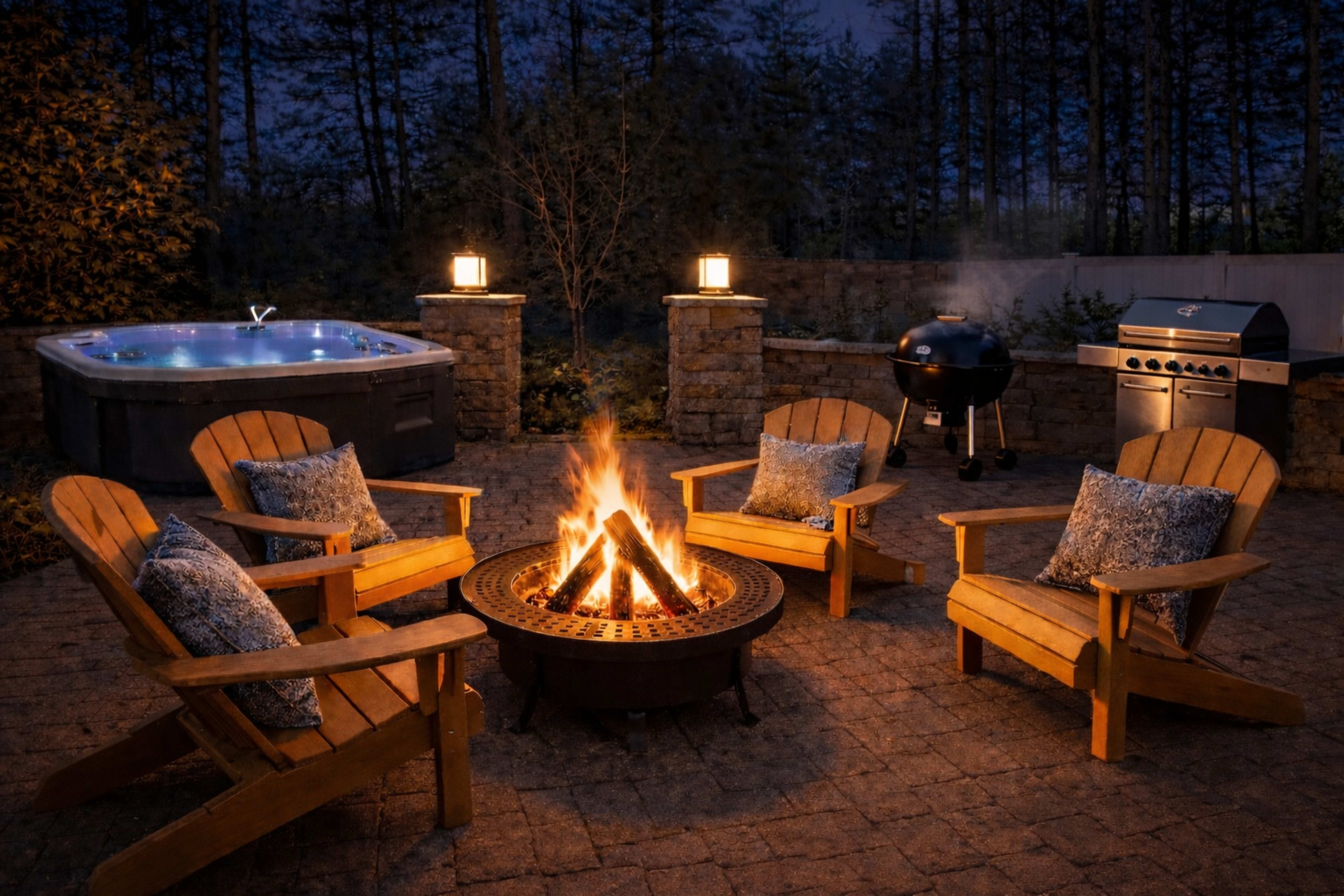 The image shows a cozy outdoor setting at night with a fire pit surrounded by wooden chairs, a hot tub, a grill, and illuminated lanterns.