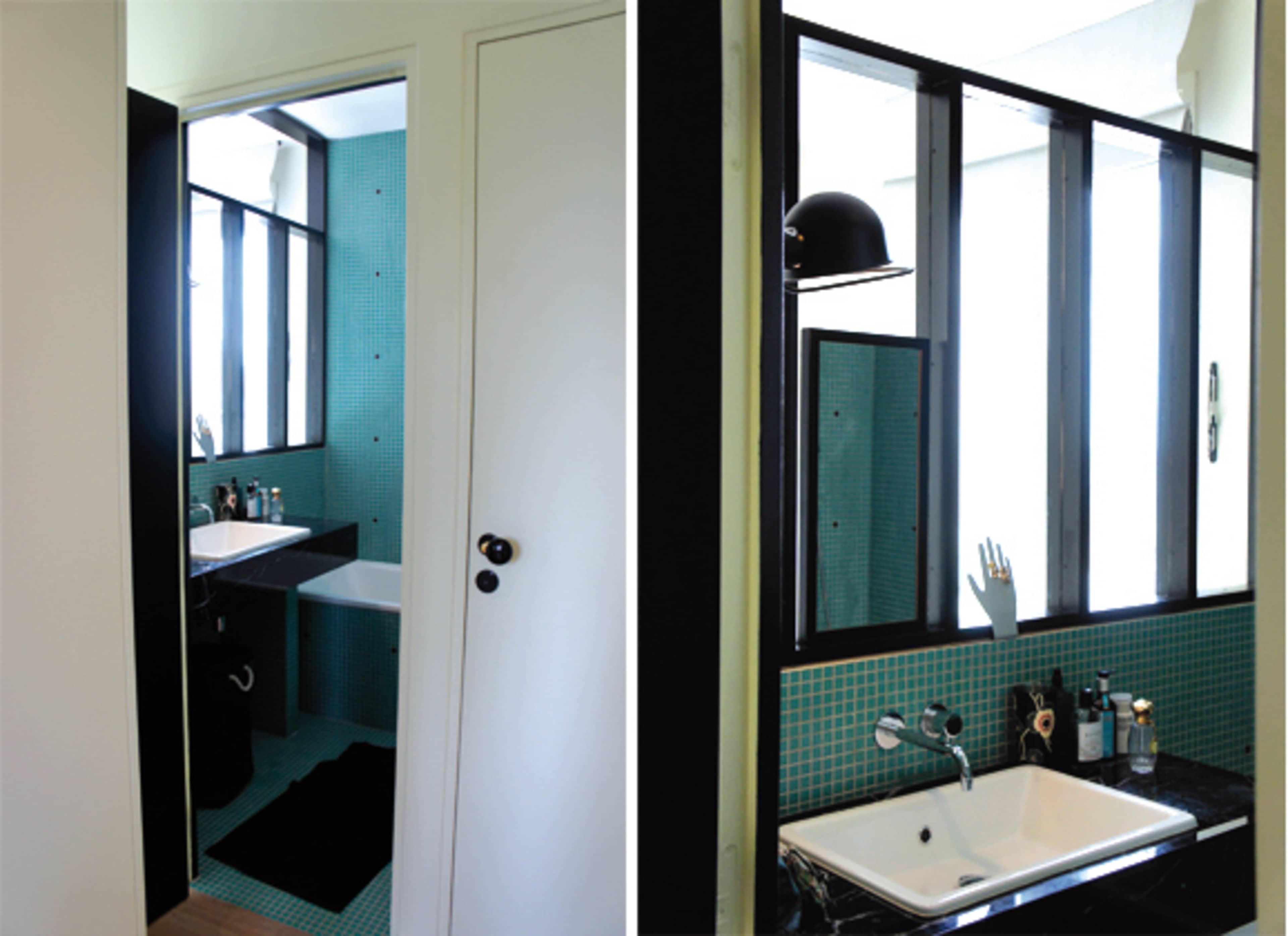 The image shows a modern bathroom with teal tiled walls, a sink with a mirror, and a black accent wall, viewed from two angles.