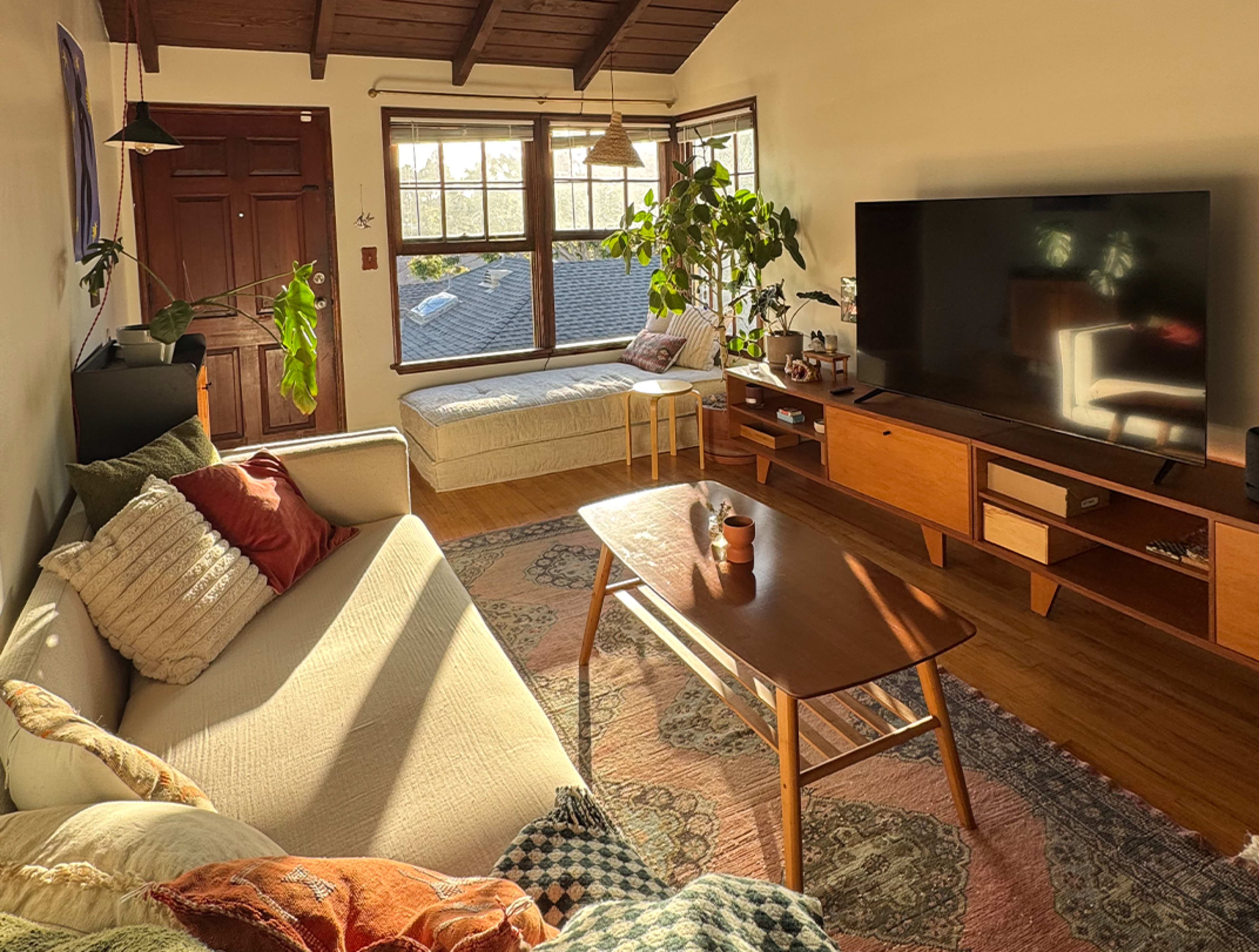 A cozy living room features a sofa, coffee table, and a large television, with sunlight streaming through the windows highlighting plants and a casual seating area.