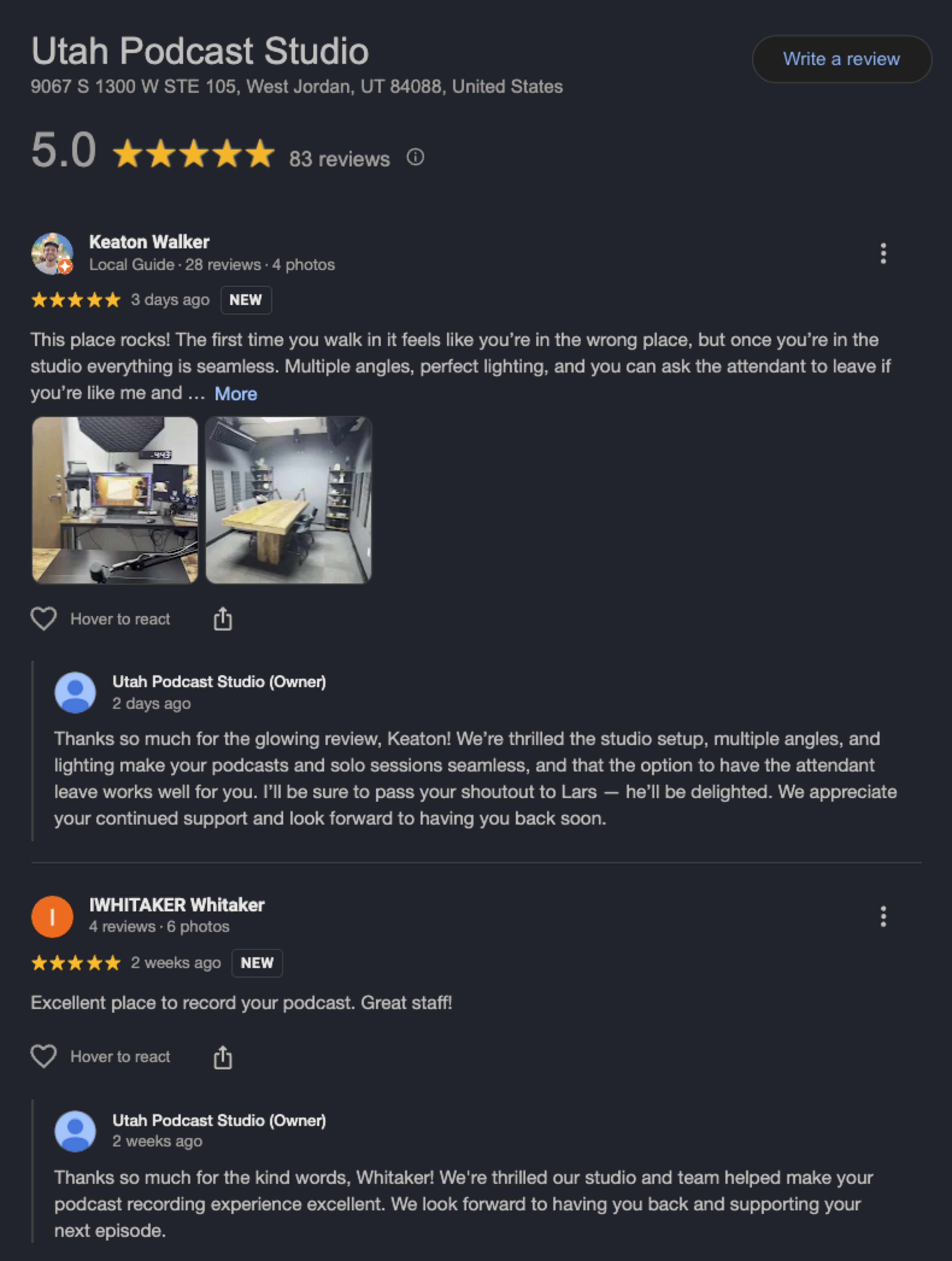 The image displays a Google review page for the Utah Podcast Studio, showcasing a 5.0-star rating, 83 reviews, and two customer testimonials praising the studio's environment and support for podcasting.