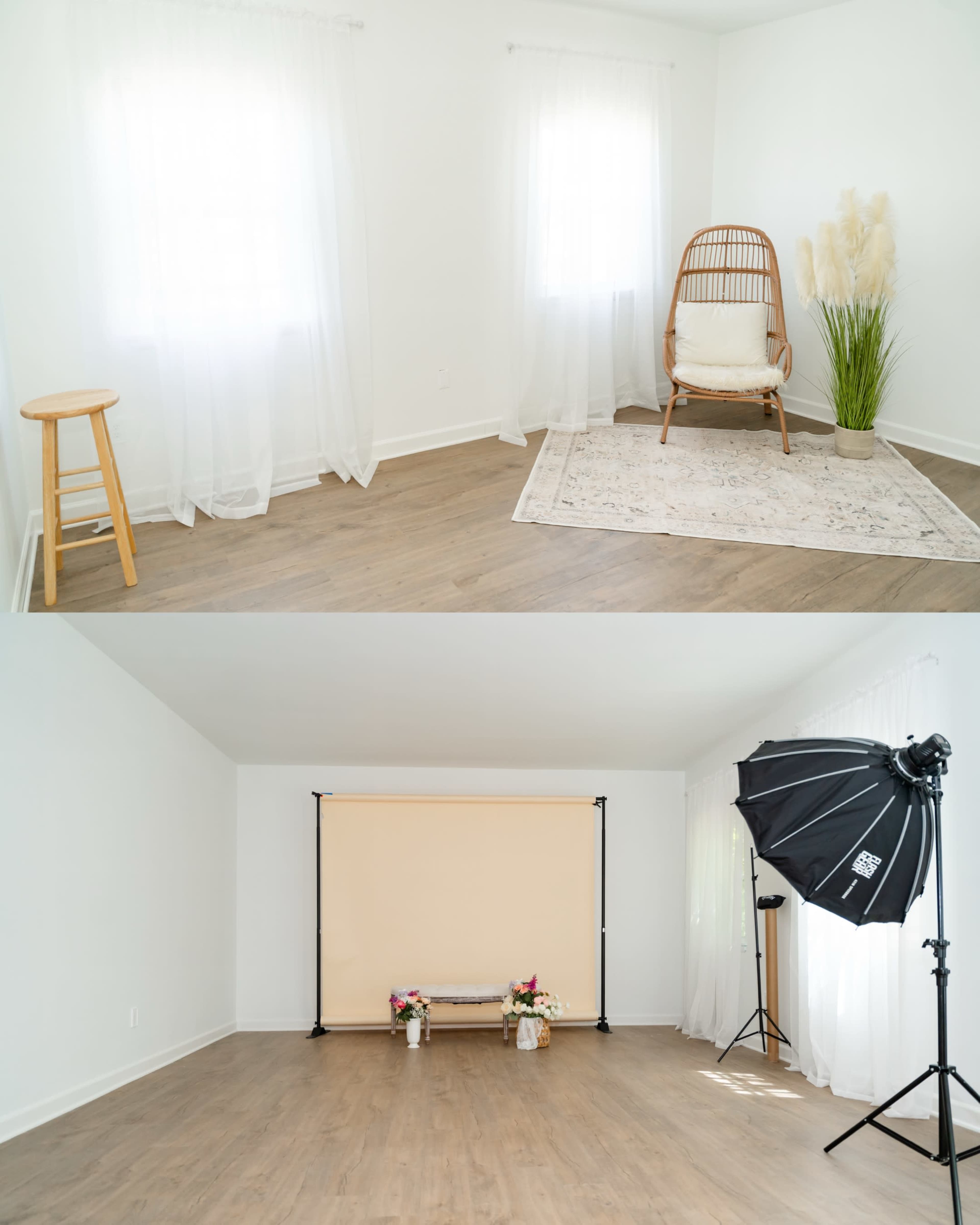 The image shows two minimalist indoor spaces: the top features a natural wood stool, a chair with cushions, and a plant, while the bottom displays a photography backdrop setup with a soft light source.