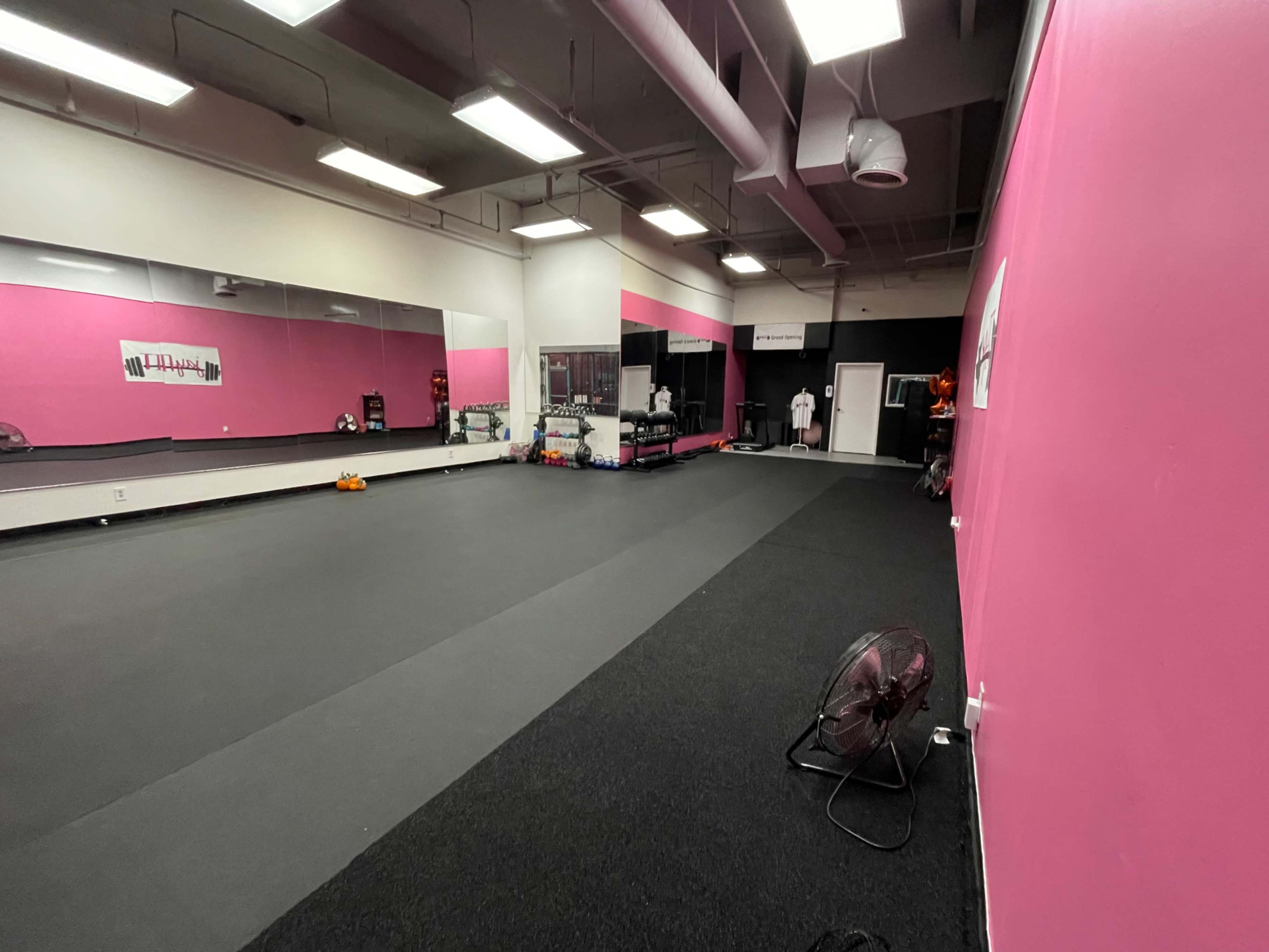 The image shows a spacious gym interior with pink walls, mirrors, and various workout equipment.