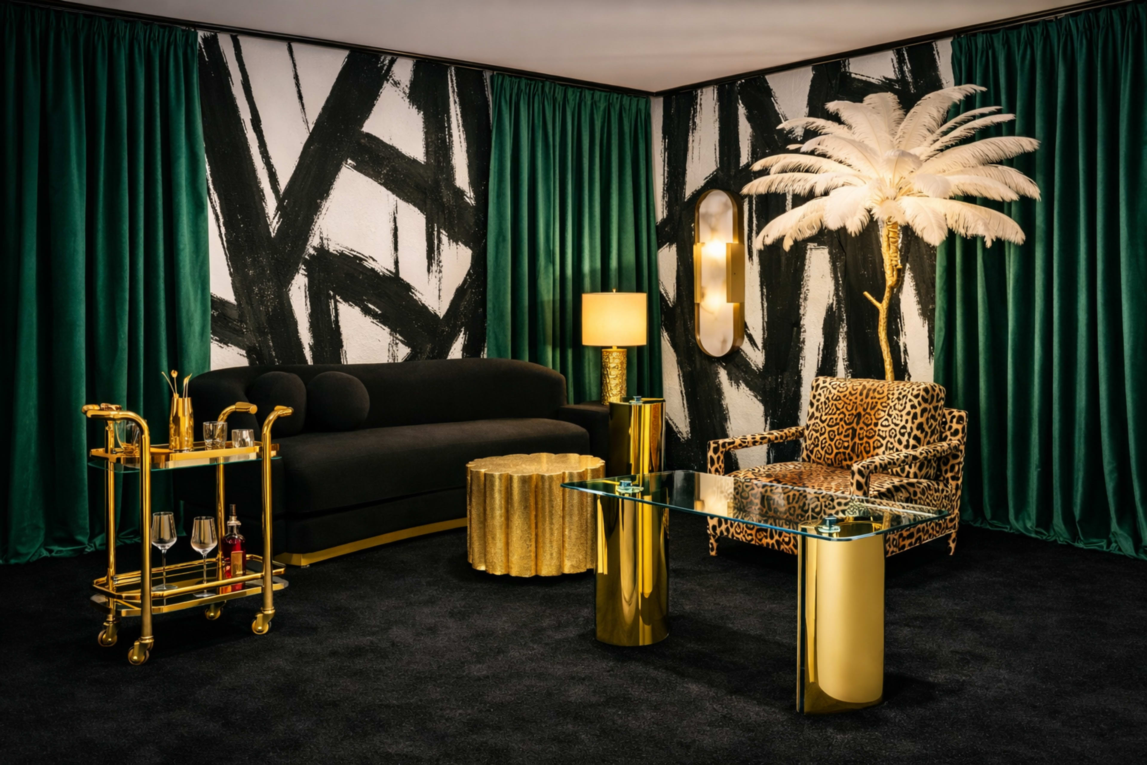 The image shows a stylish living room featuring a black sofa, a leopard-print chair, a glass coffee table, and a bar cart, all set against a backdrop of green curtains and a bold black and white painted wall.