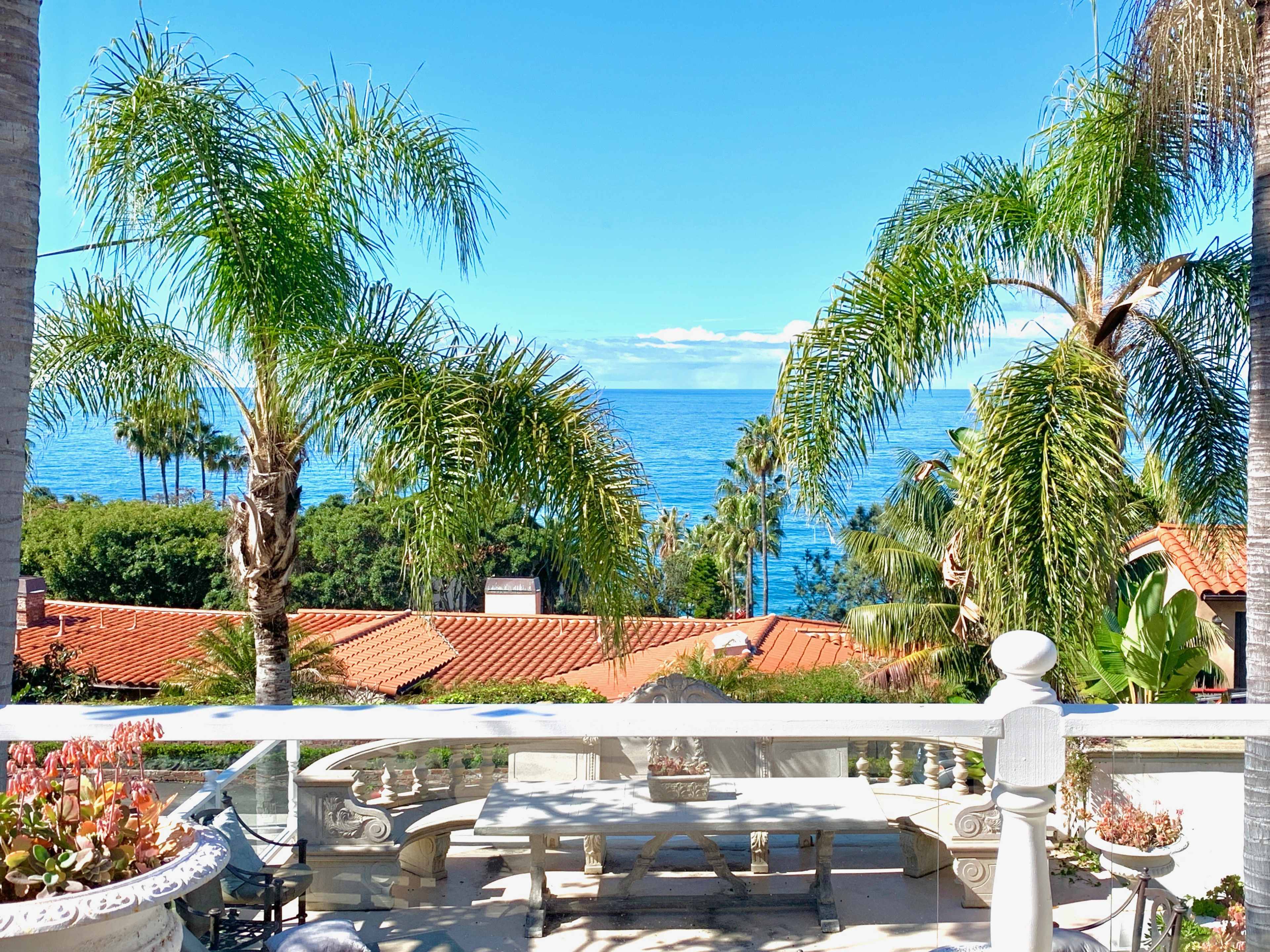 The image shows a coastal view featuring palm trees and a terrace overlooking the ocean with red-tiled roofs in the foreground.