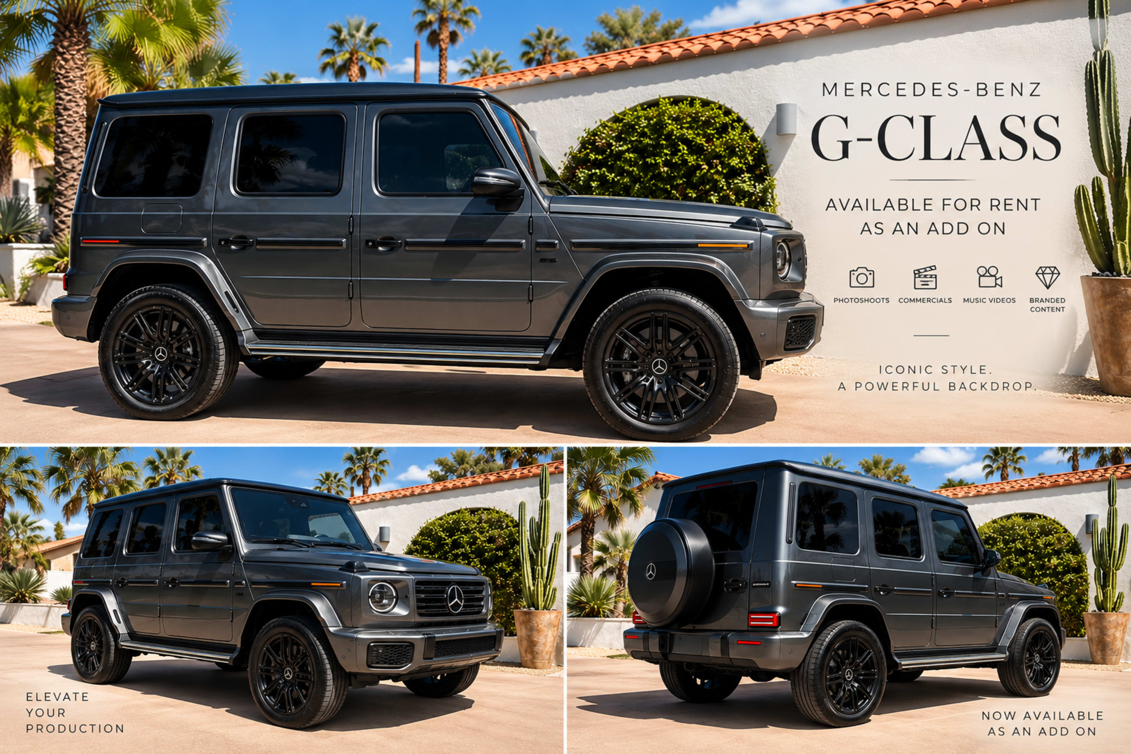 The image features a black Mercedes-Benz G-Class SUV parked in a sunny outdoor setting, surrounded by palm trees and modern architectural elements.