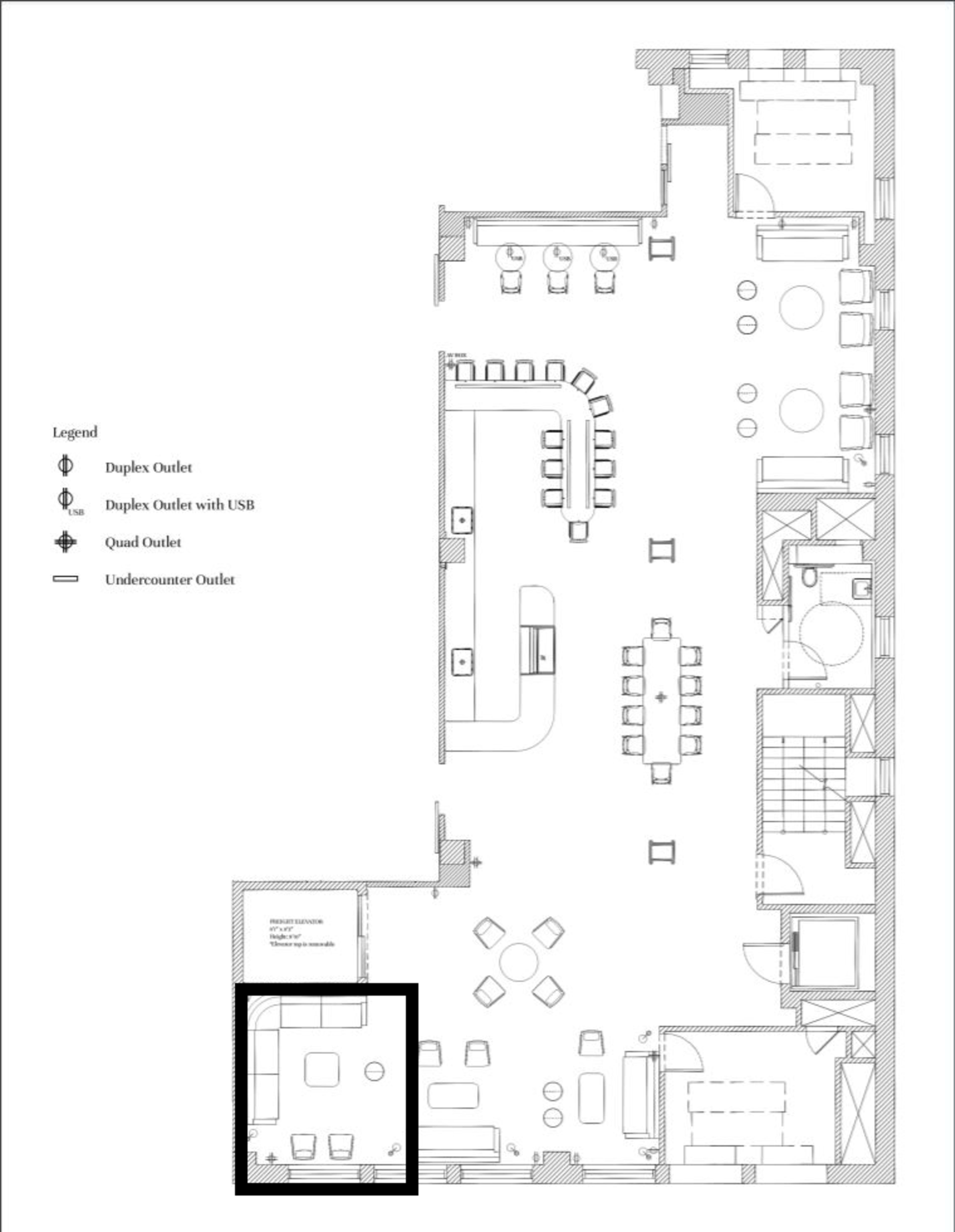 A floor plan layout of a room, indicating the locations of electrical outlets, including duplex, quad, and undercounter types.