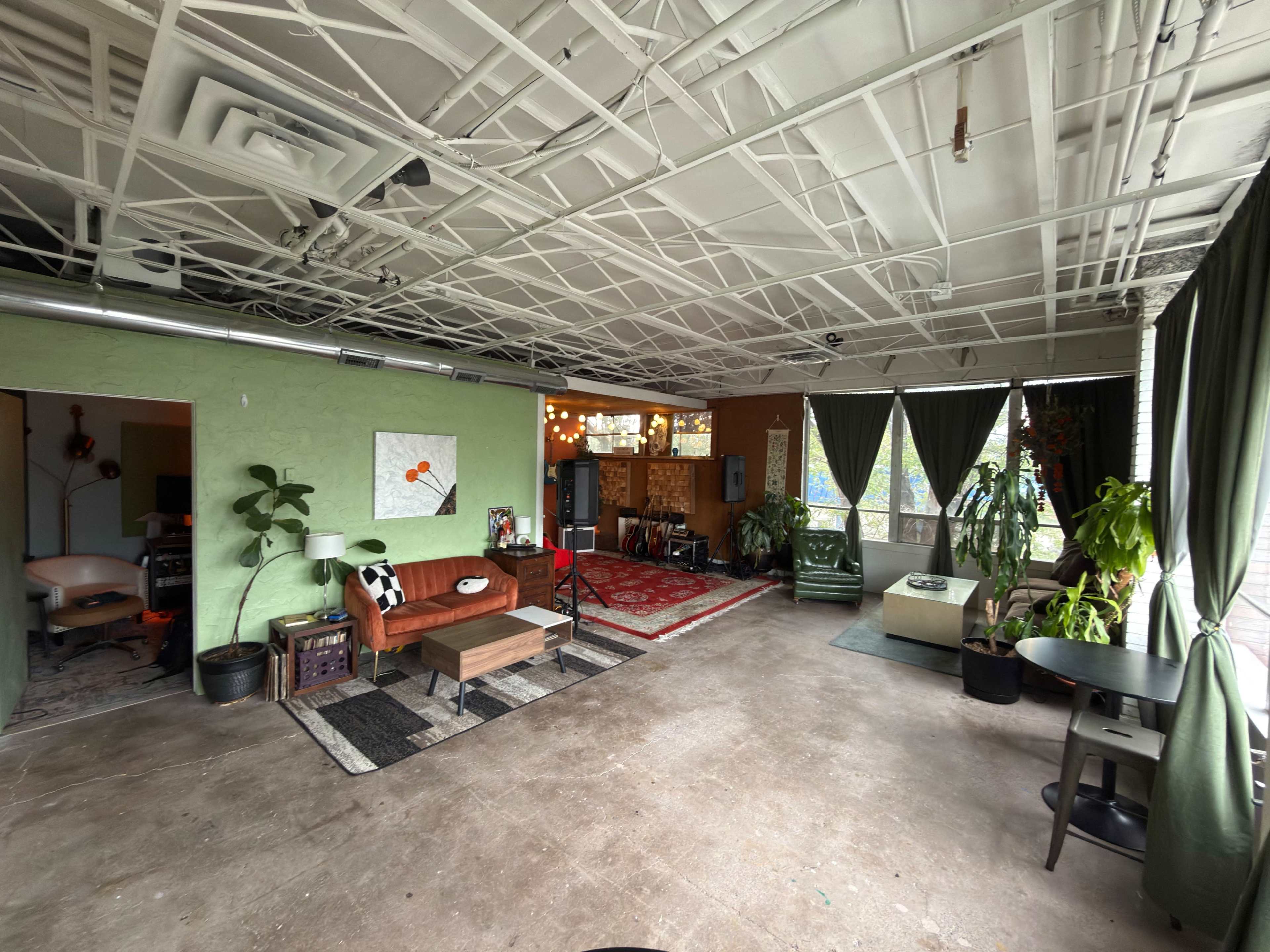 The image shows an open living space featuring a green accent wall, a brown sofa, various plants, a red area rug, and large windows with curtains.