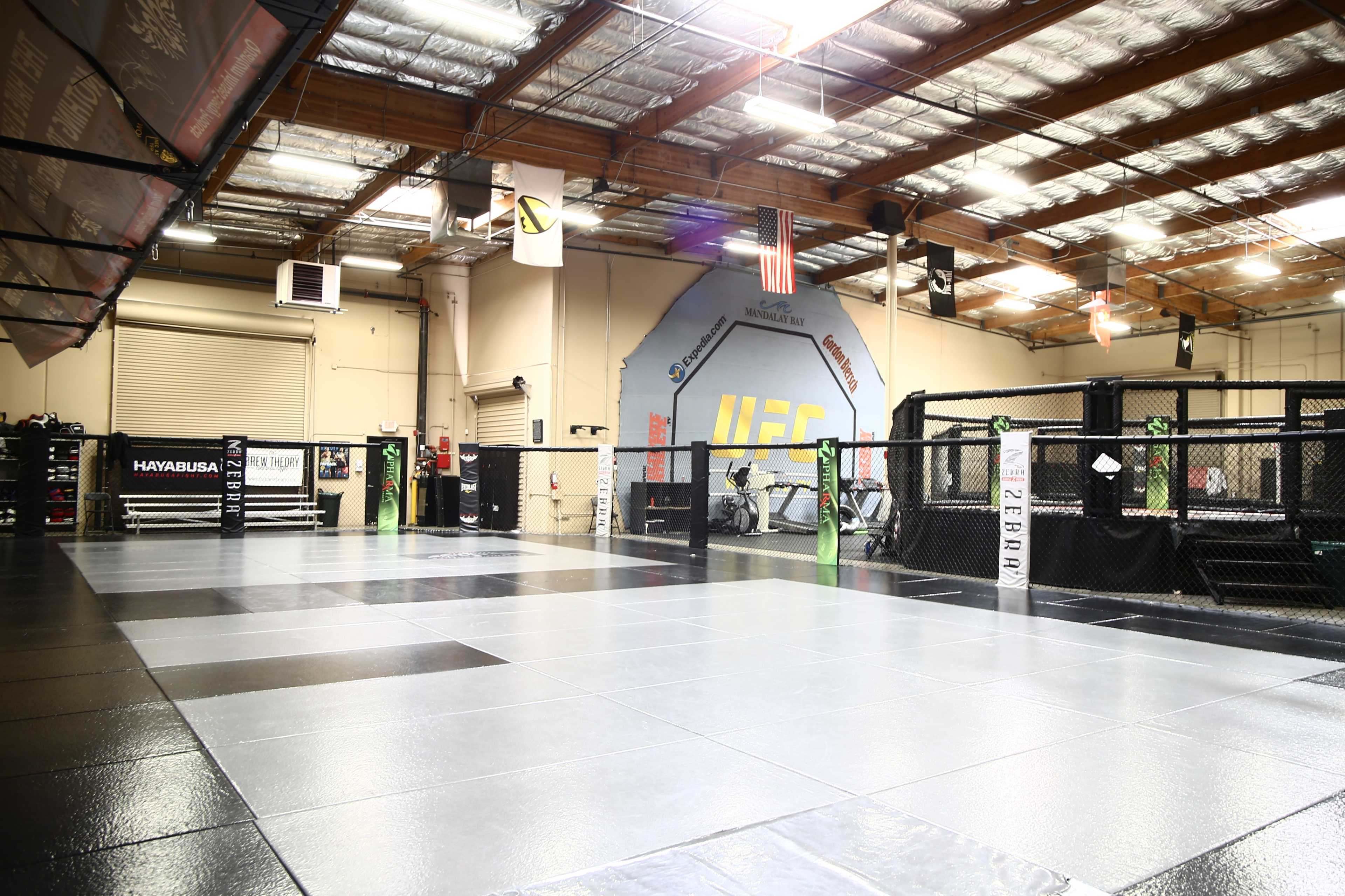 An empty mixed martial arts training facility with a large octagonal cage and various training equipment arranged around the mat.