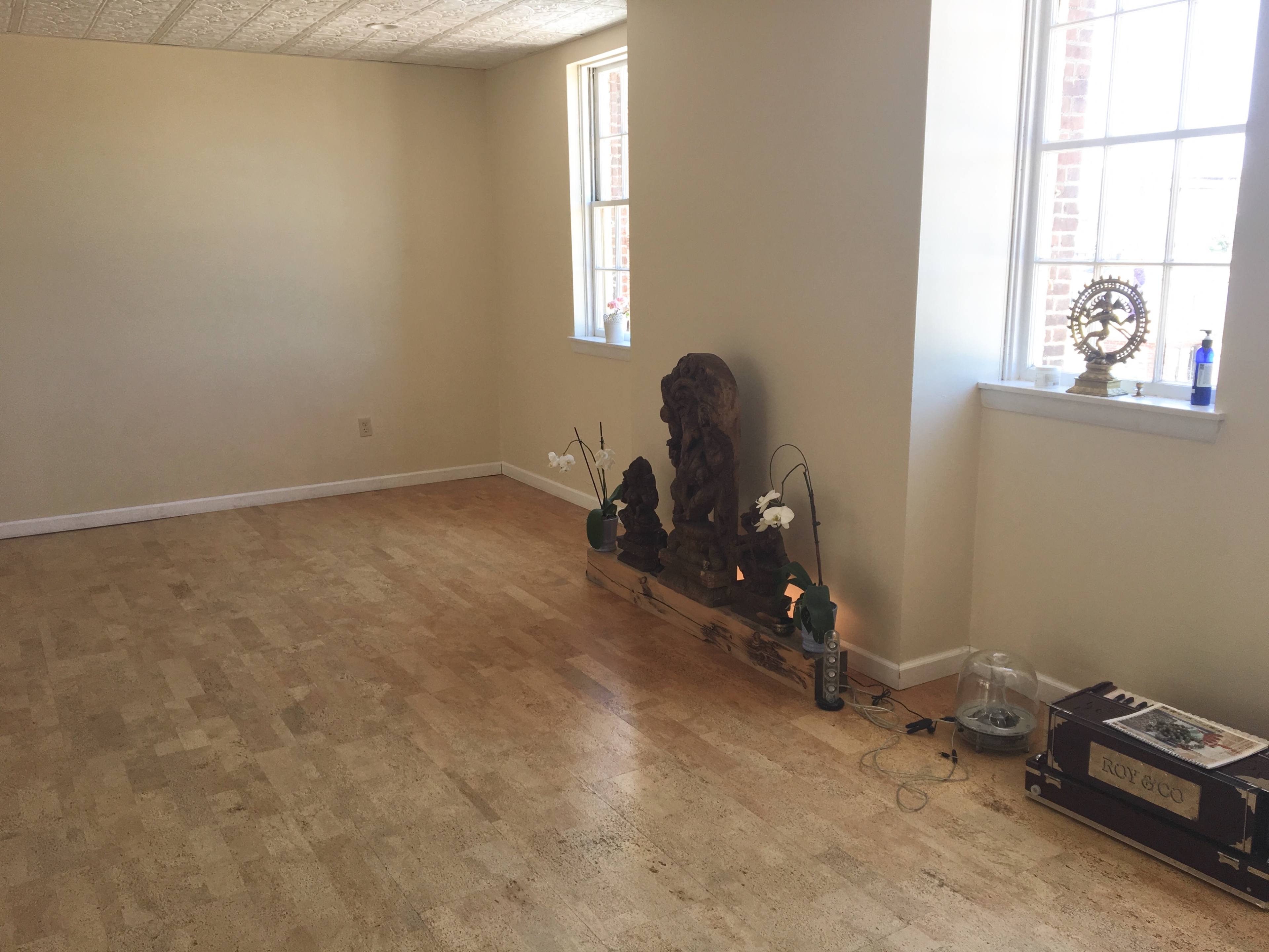 An empty room with light-colored walls and a cork floor, featuring a wooden sculpture and potted plants near two windows.