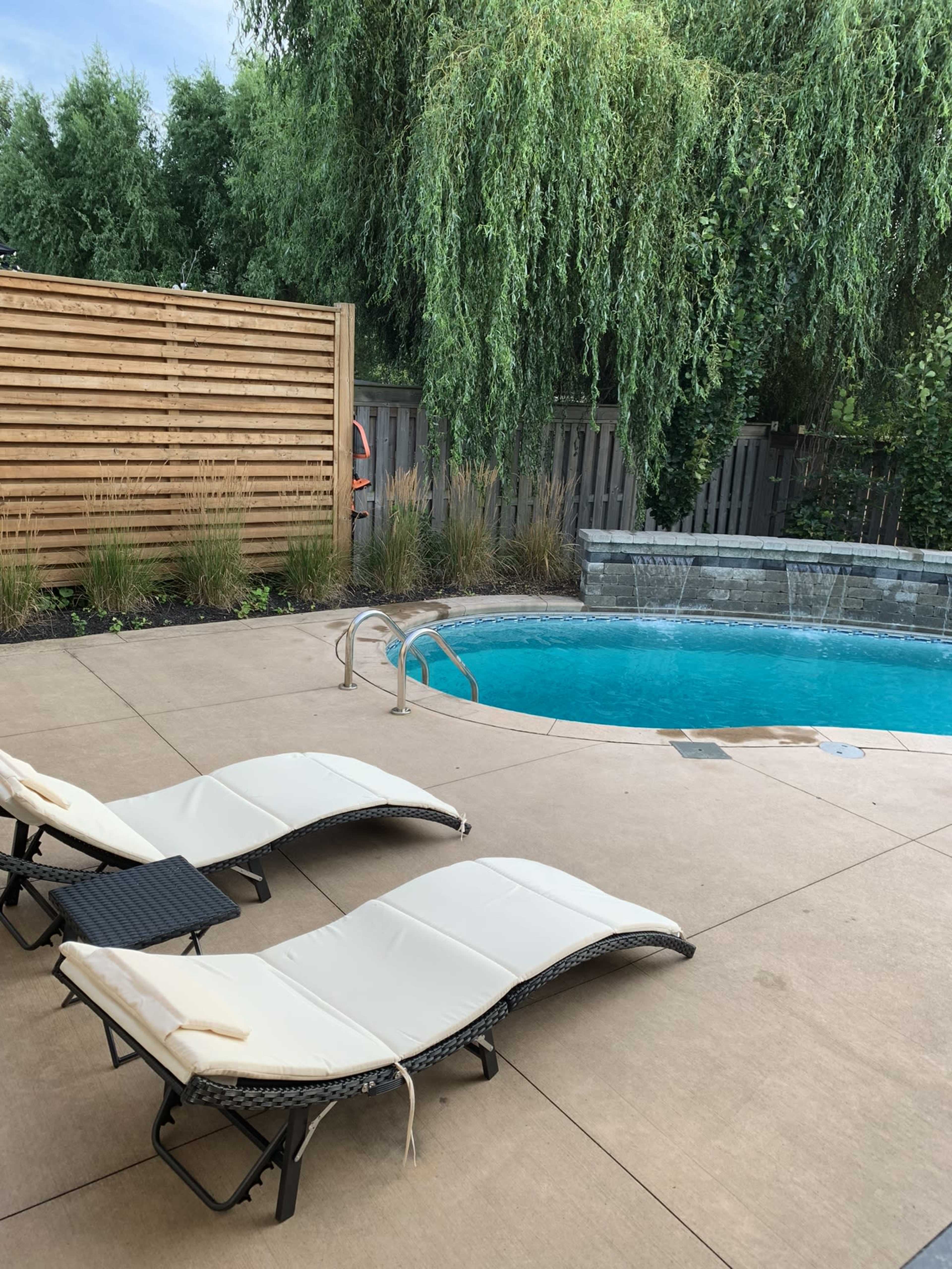The image shows two lounge chairs beside a swimming pool surrounded by green foliage and a wooden privacy fence.