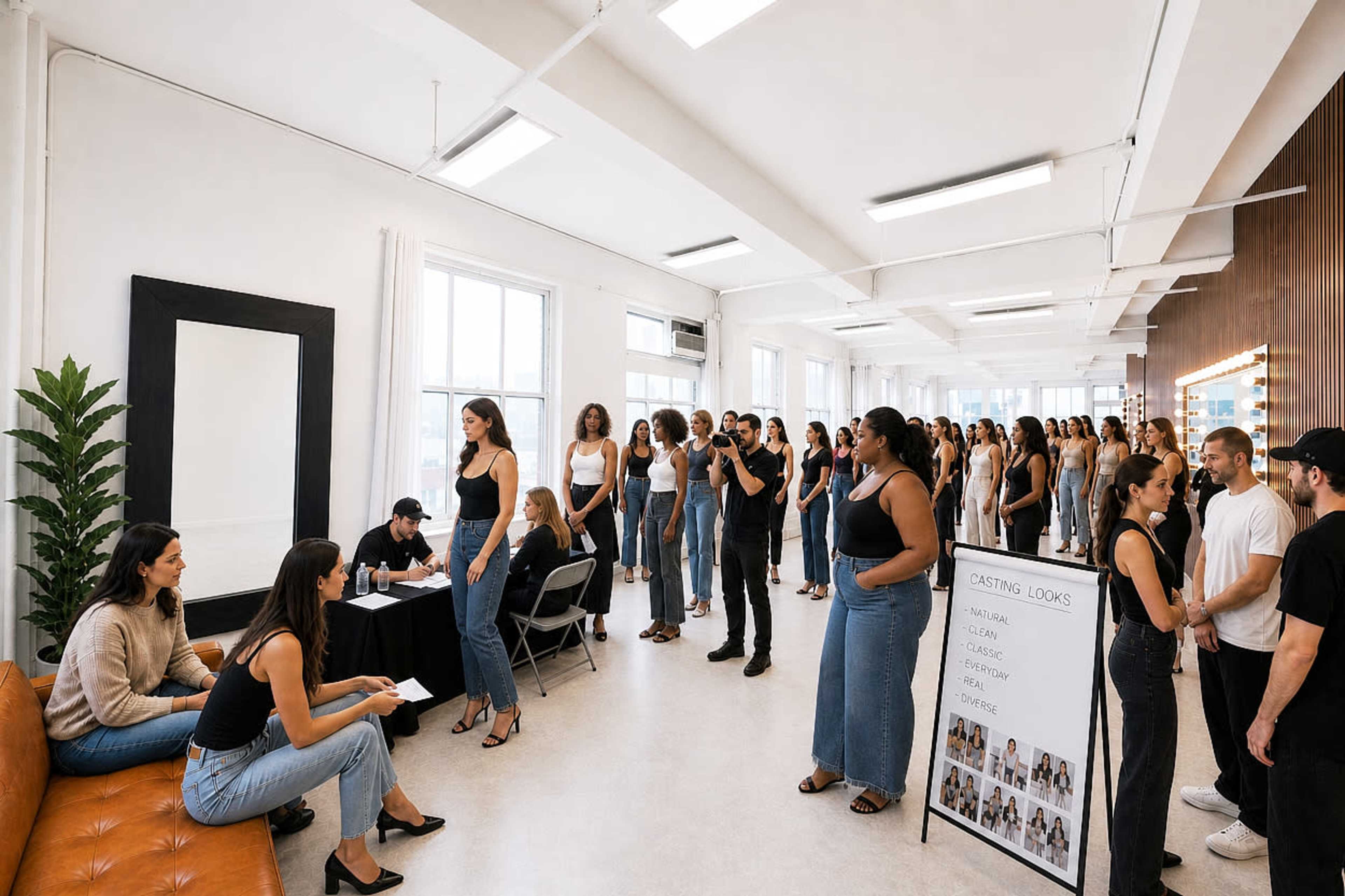 A large casting call is taking place in a bright, spacious room filled with numerous models lined up, while others are seated and being interviewed.