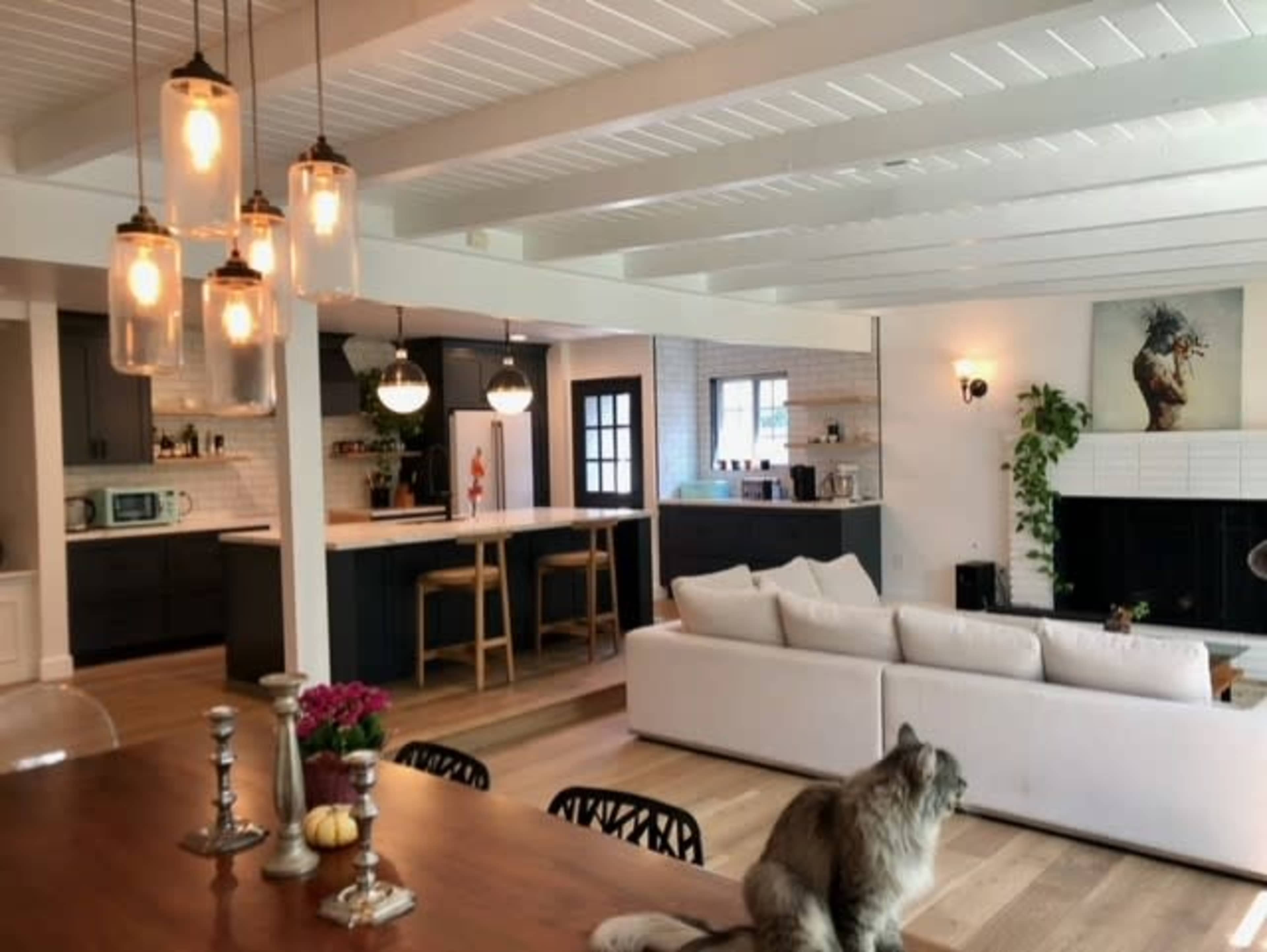 The image shows a modern open-concept living space with a dining area, kitchen, and living room, featuring white beams, pendant lights, and a pet on a couch.