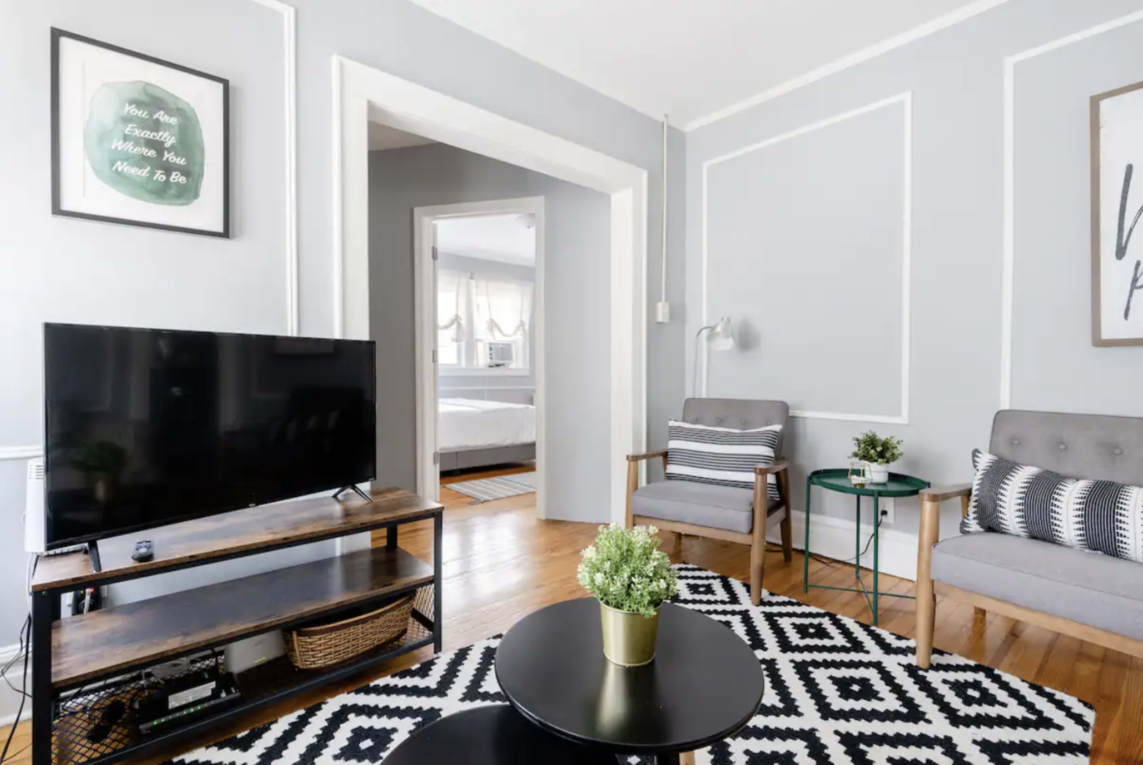 The image shows a living room featuring a television on a wooden stand, two gray chairs, a round table with a potted plant, and a patterned rug.