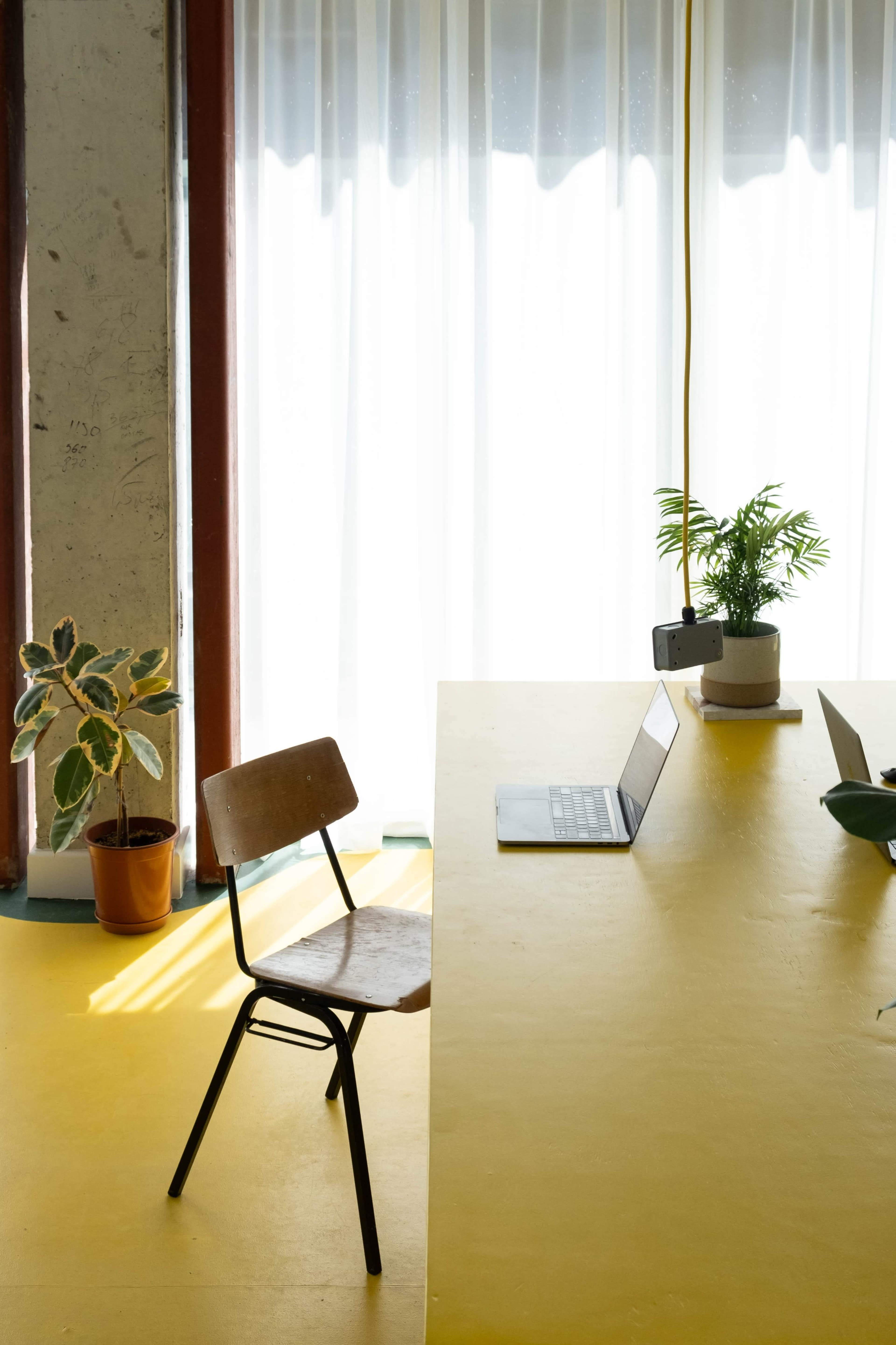 A wooden chair is positioned at a yellow table beside two laptops and a potted plant in a room with large windows and bright lighting.