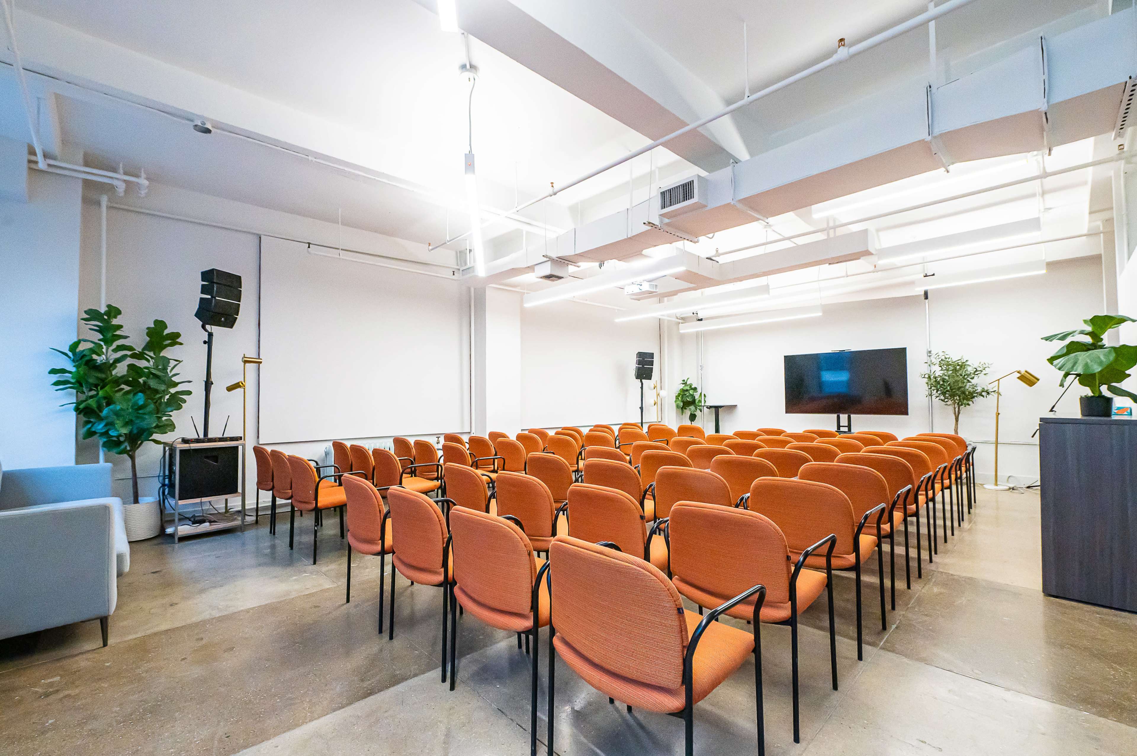 A seminar room set up with rows of orange chairs facing a large screen, flanked by potted plants.