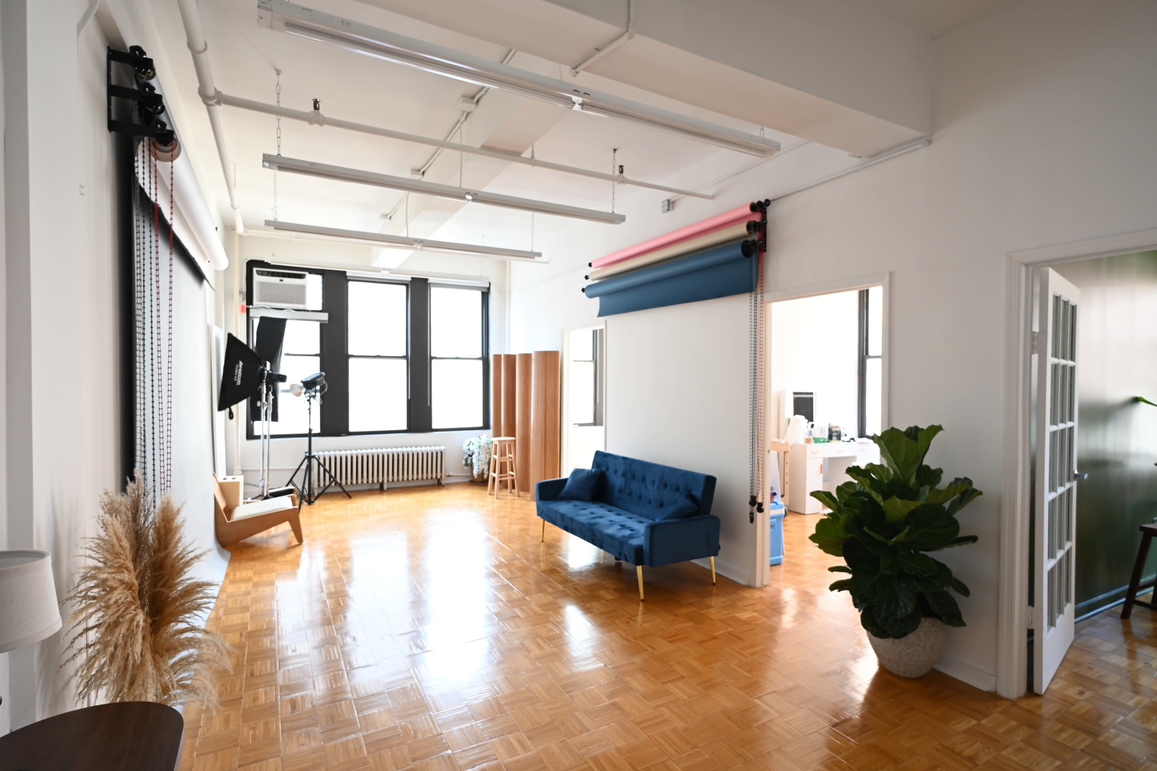 The image shows a spacious, well-lit studio with a blue sofa, a photography backdrop setup, and potted plants.