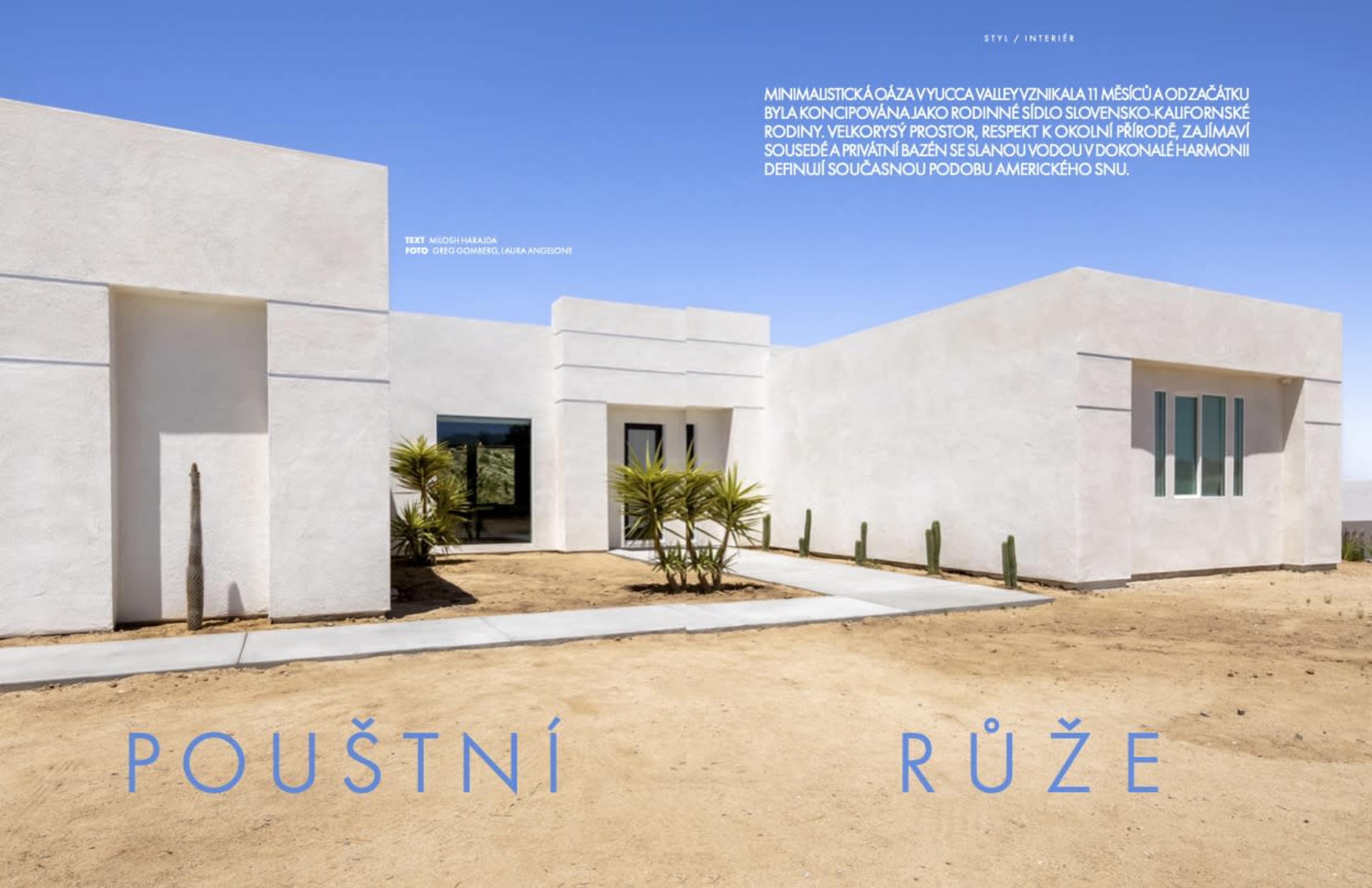 The image depicts a modern, minimalist house with a flat roof and large windows, surrounded by desert landscaping.