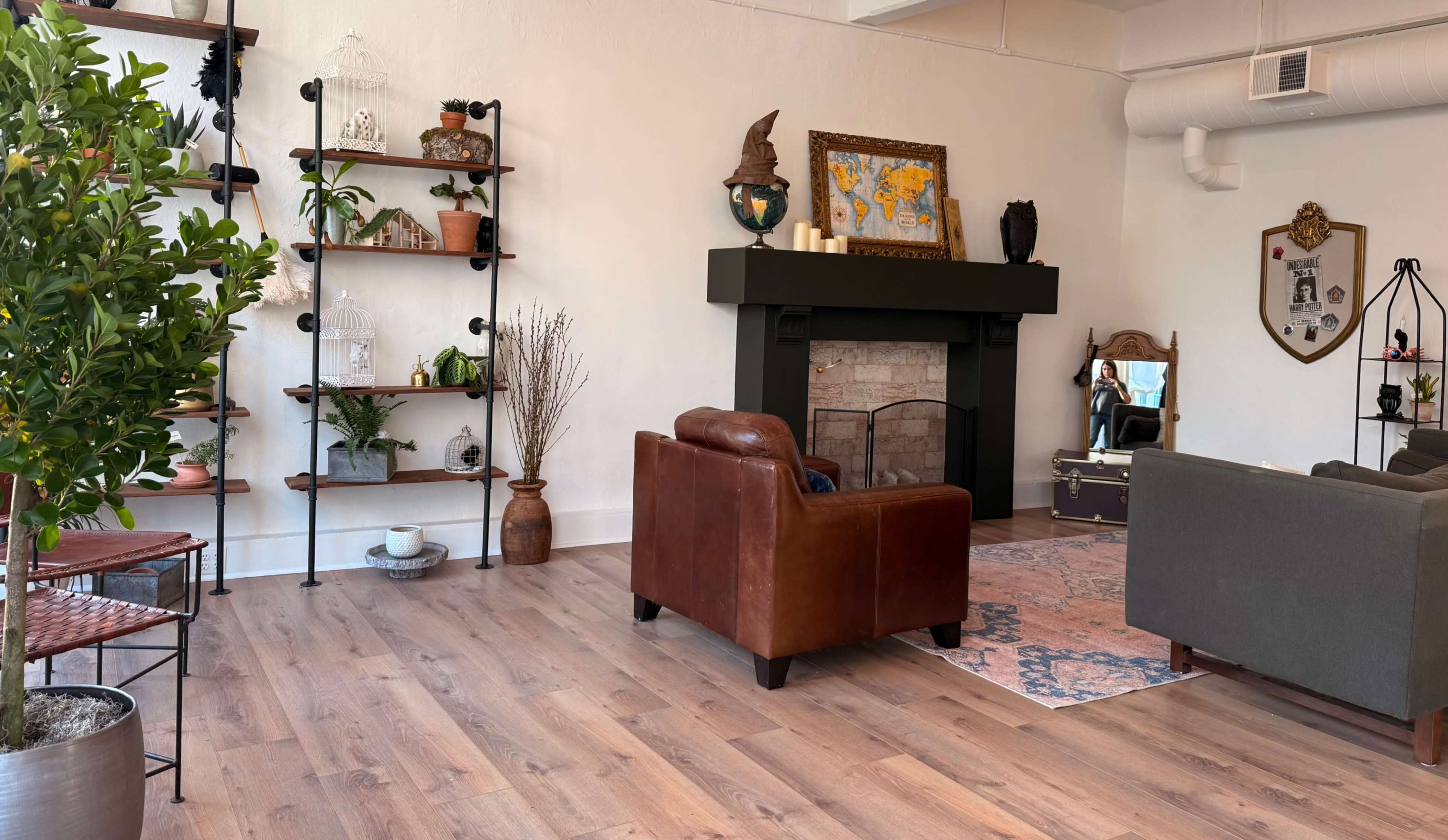 The image shows a stylish interior with a brown leather armchair, a gray sofa, a decorative fireplace, and shelves displaying various plants and decor items.