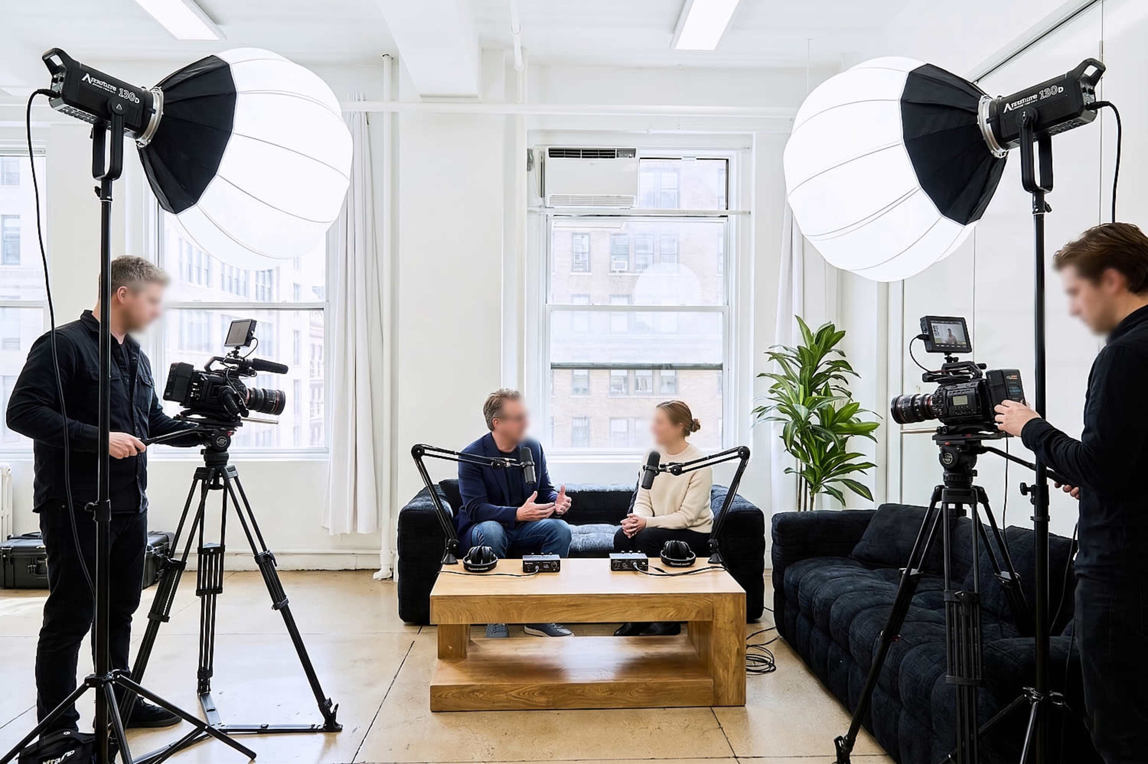 Two people are seated on a couch in a well-lit studio, while three camera operators set up cameras and lighting equipment for an interview.