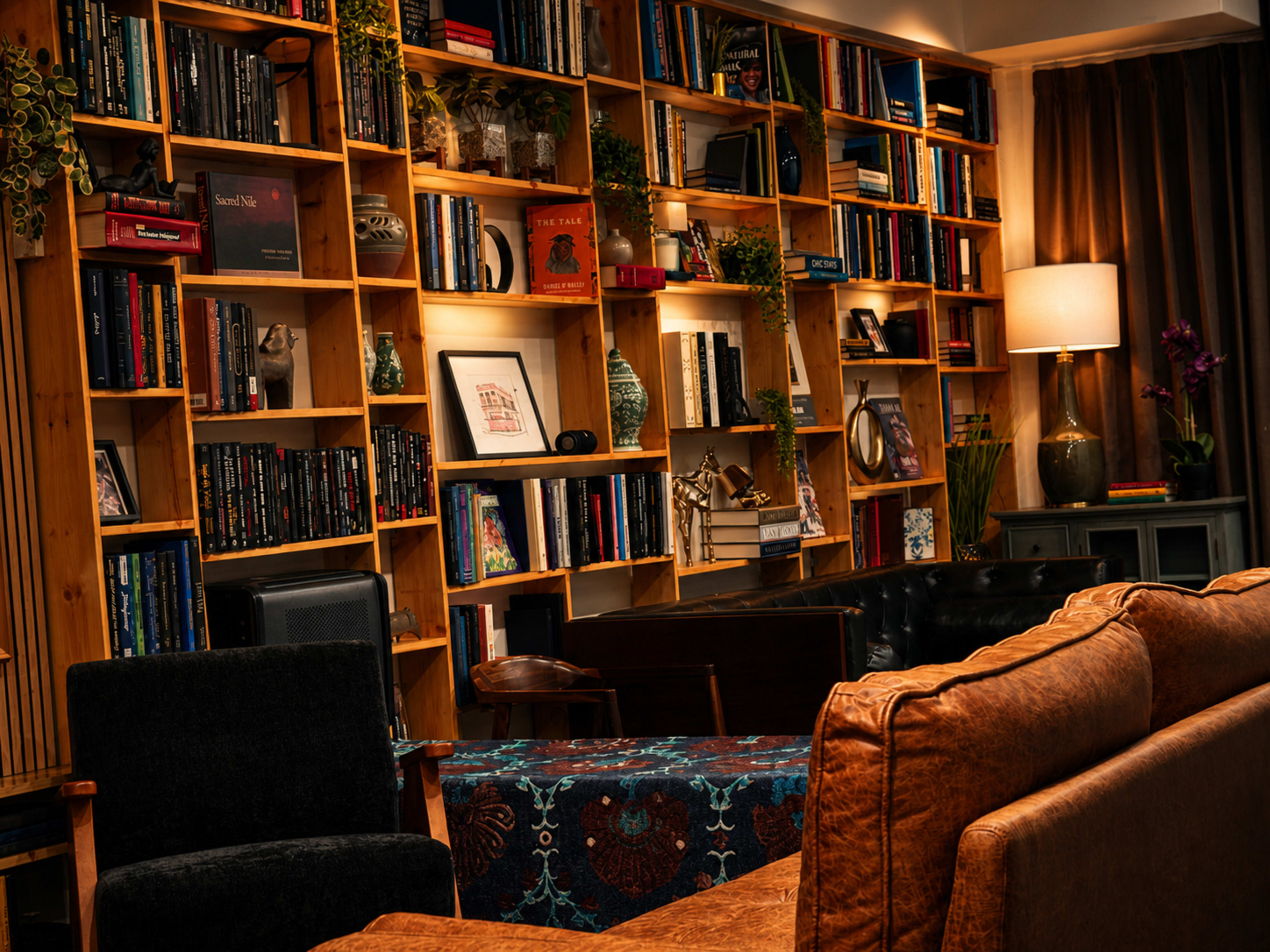 A wooden bookshelf filled with various books and decorative items is set against a wall in a cozy, softly lit room with seating and a lamp.