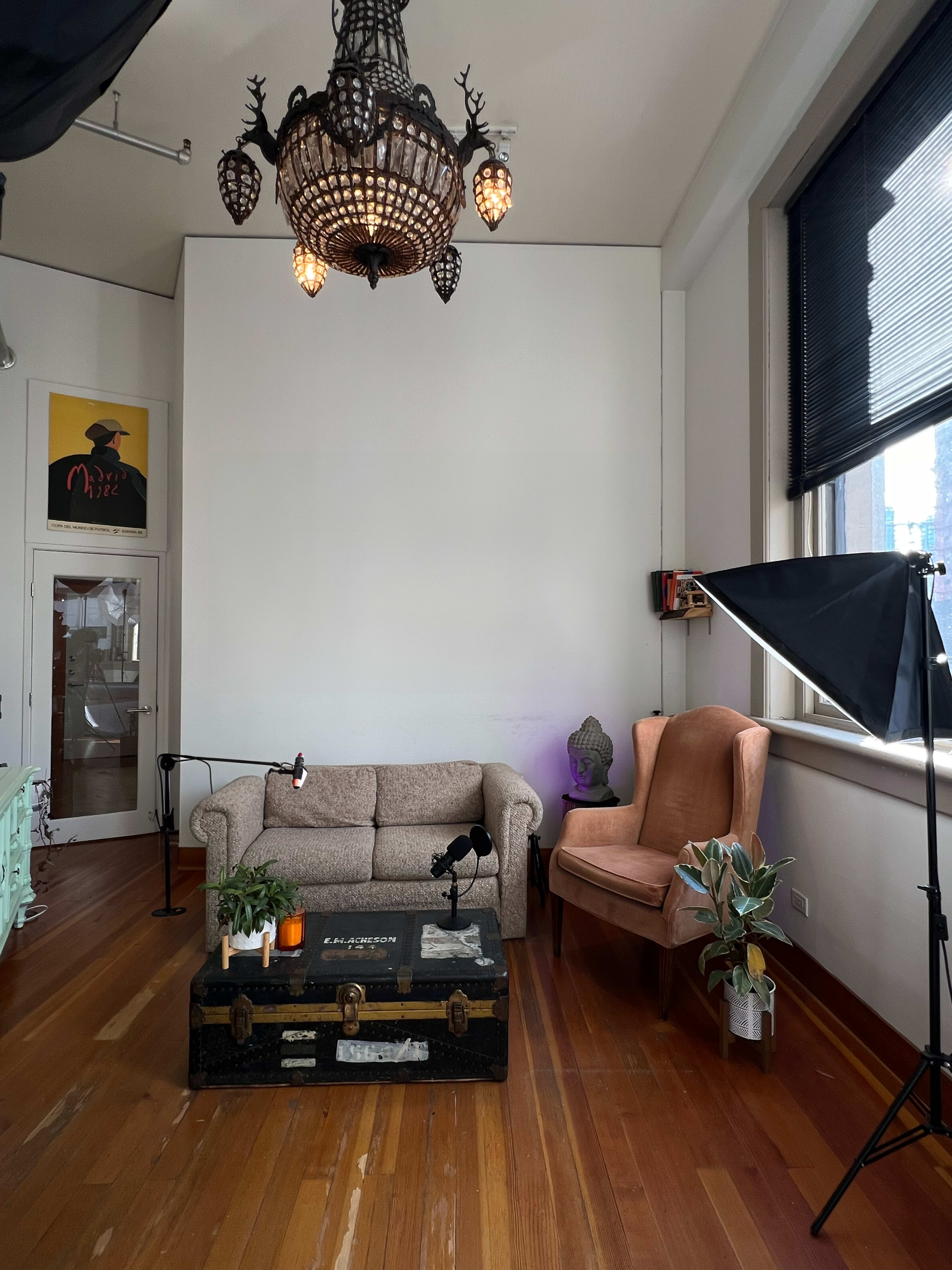 A spacious room with a light-colored wall, a gray sofa, a brown armchair, a wooden trunk, and decorative plants.