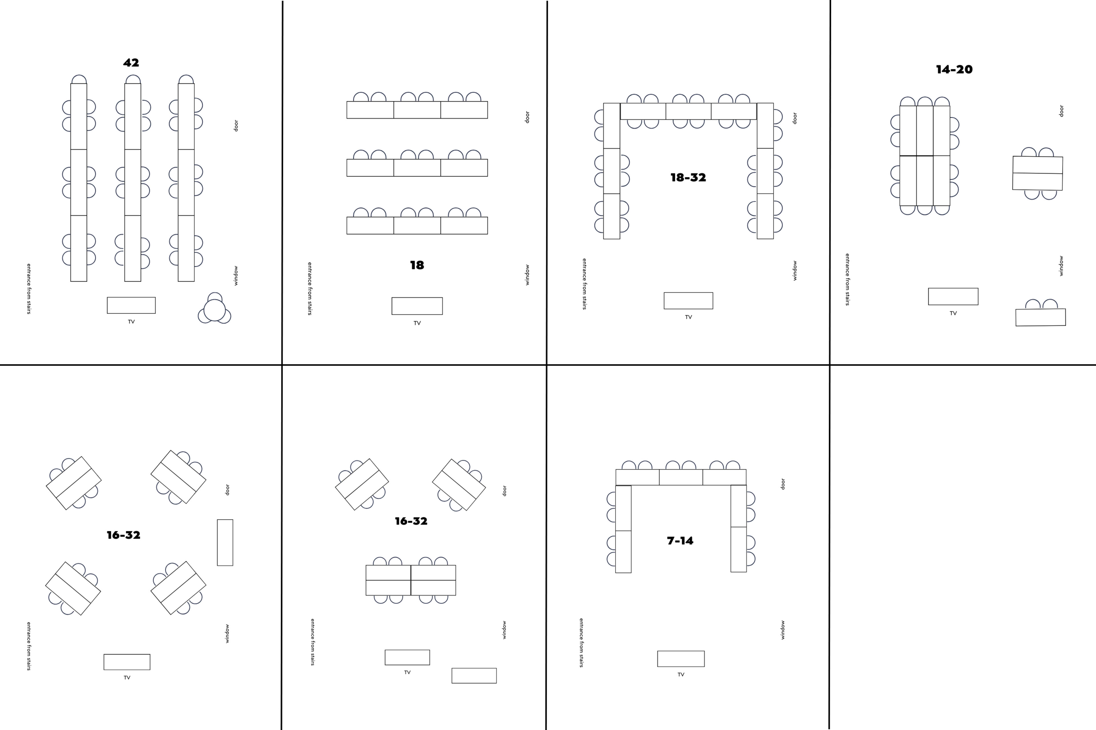 The image displays various seating arrangements for different group sizes, labeled with corresponding numbers and shapes of tables.