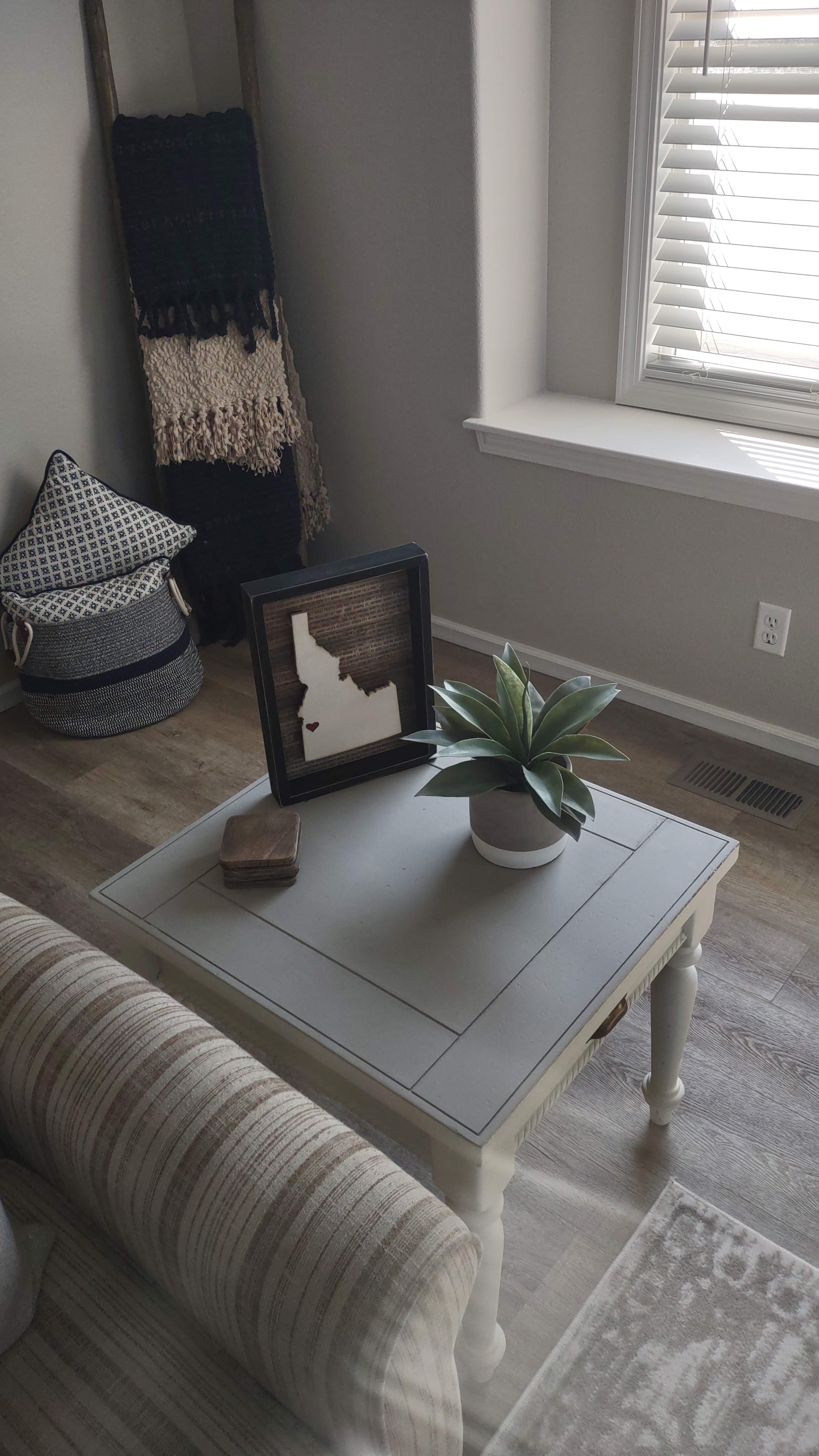 A coffee table in a bright room displays a potted plant, a framed map of Idaho, and a small wallet, with a patterned pouf and woven throw in the background.