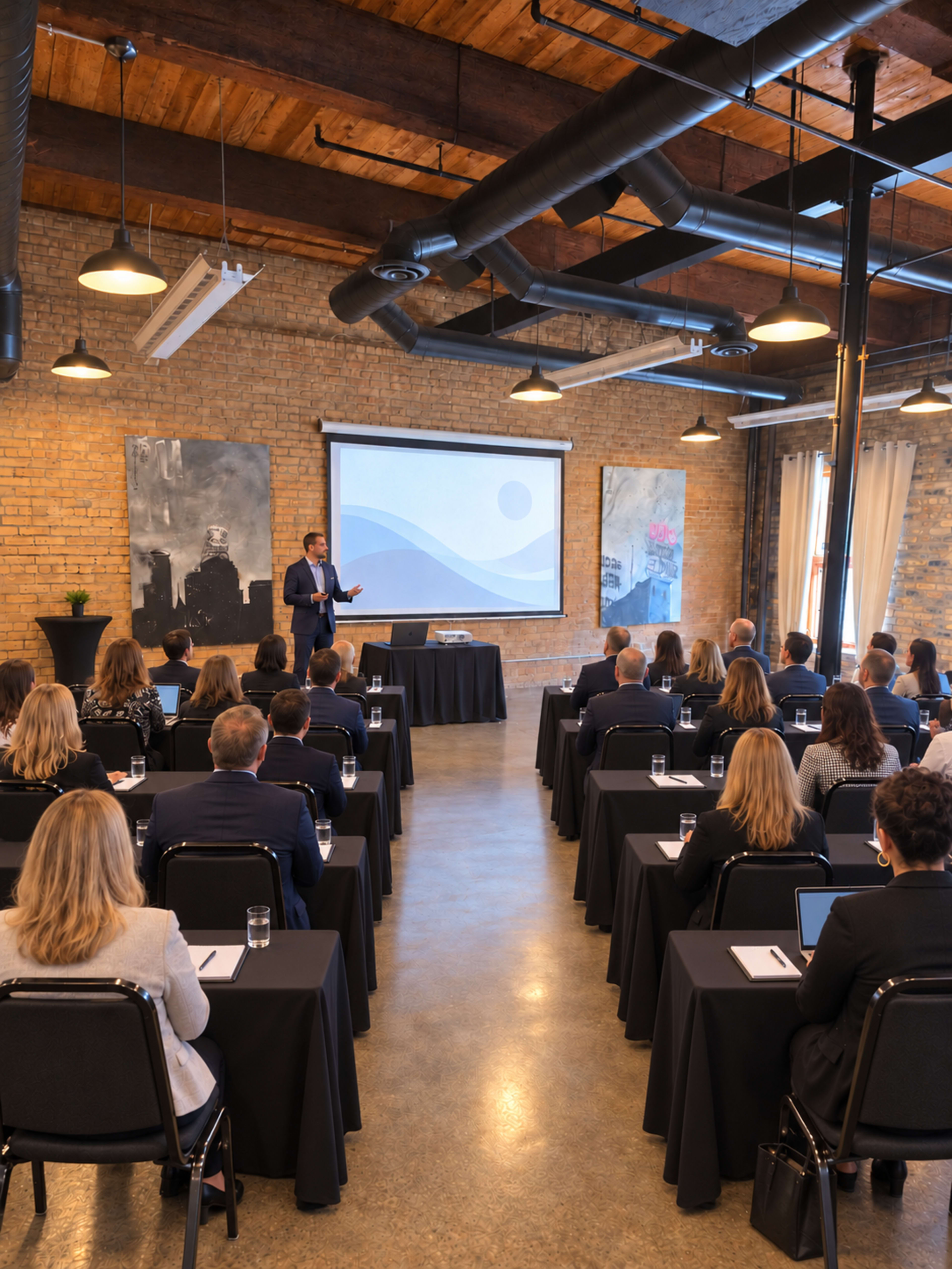 A speaker presents to a captivated audience in a well-lit conference room with brick walls and modern decor.