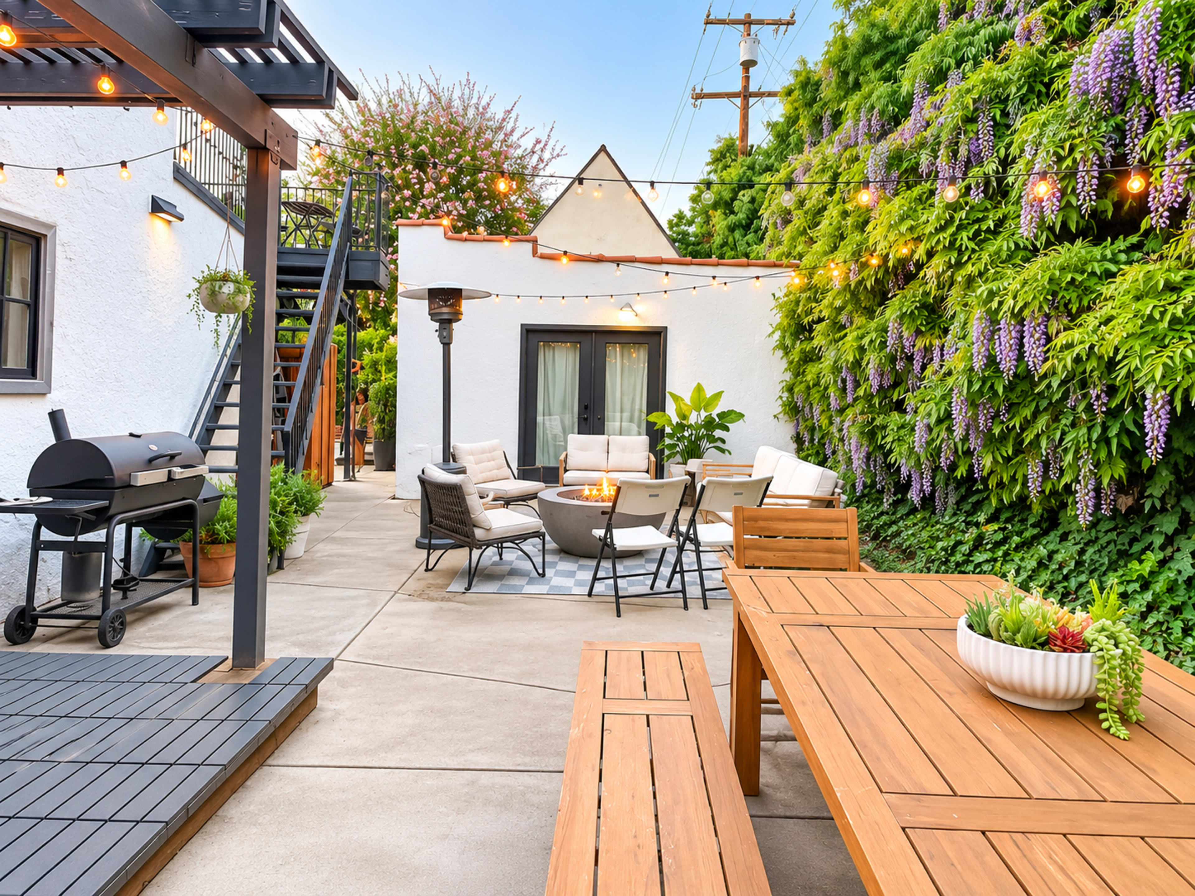 A patio area features a grill, a dining table, a fire pit surrounded by chairs, and lush greenery with flowering vines.