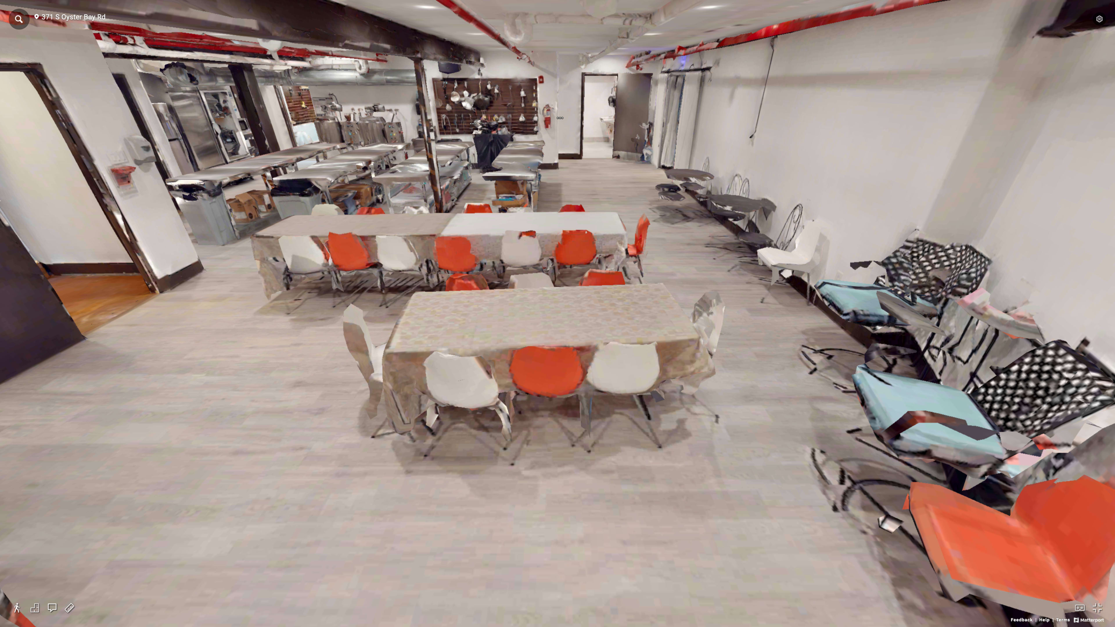 The image shows a spacious, modern dining area with tables and chairs arranged in a seating setup, alongside some high chairs in the background.