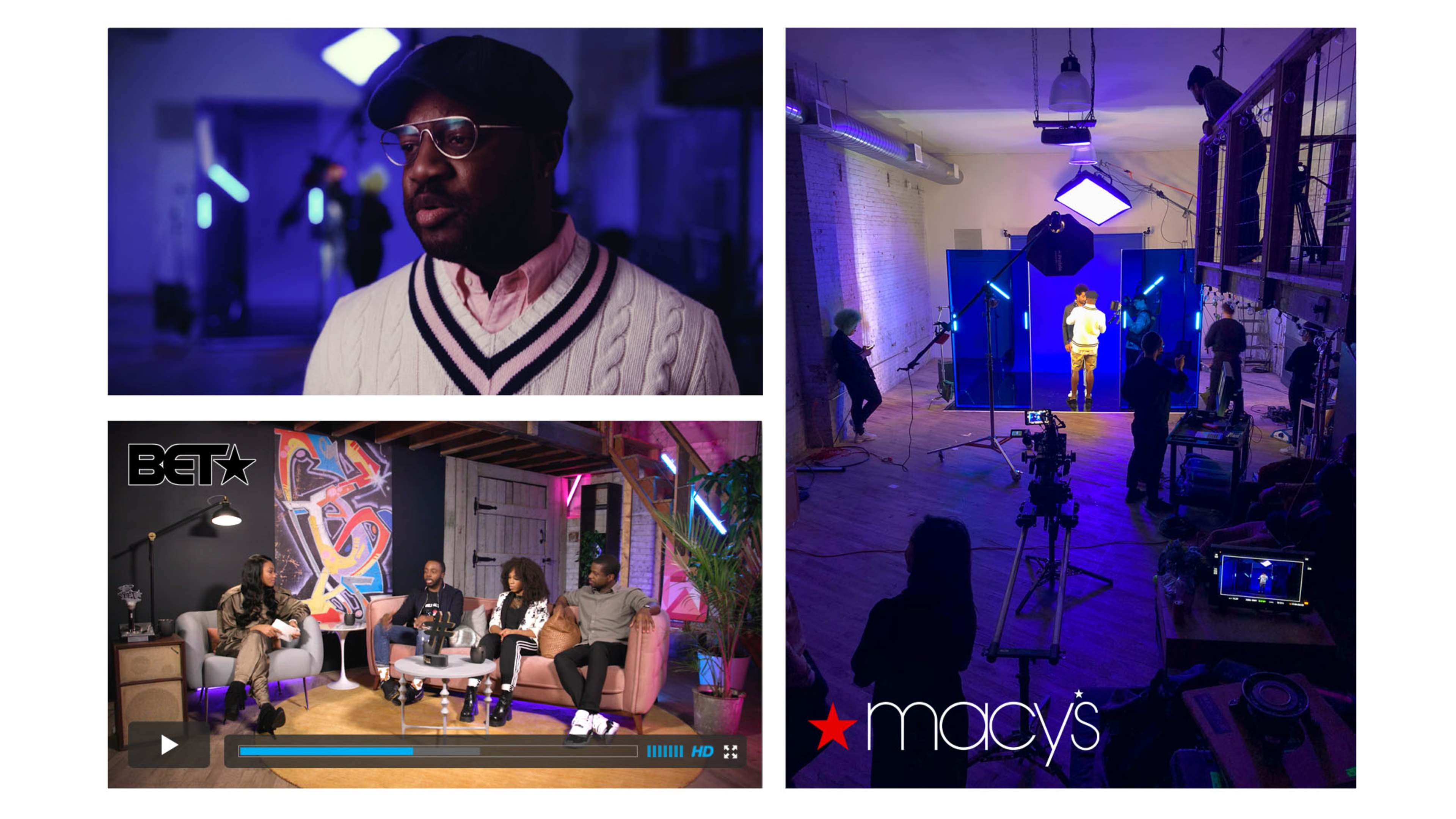 The image features a montage of three scenes: a man speaking in a dimly lit studio, a group of people seated and discussing in a vibrant room, and a behind-the-scenes view of a video production setup with lighting and cameras.