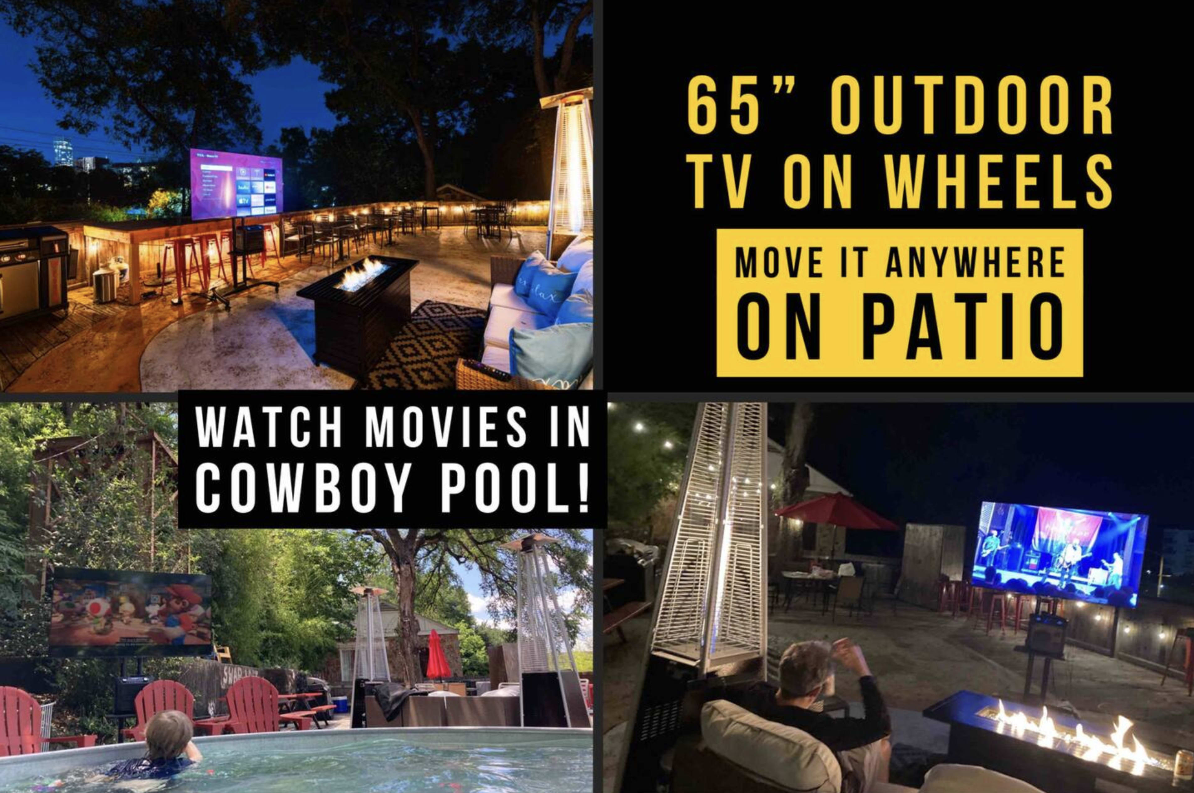 The image shows a patio setup featuring a 65-inch outdoor TV on wheels, a seating area with cushions, and a hot tub, along with a fire pit for ambiance.