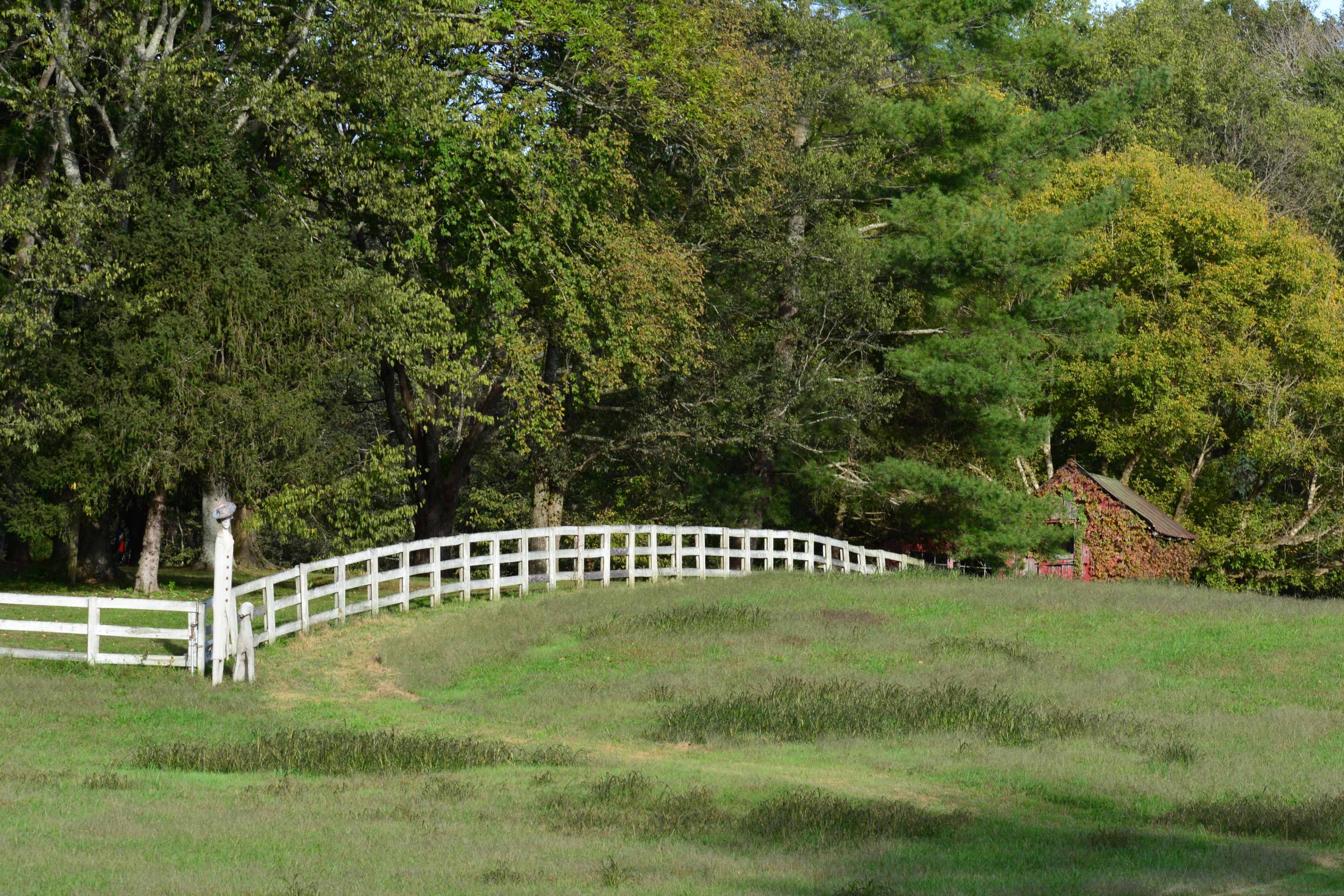A white fence curves gently through a grassy landscape near a wooded area and a small red building.