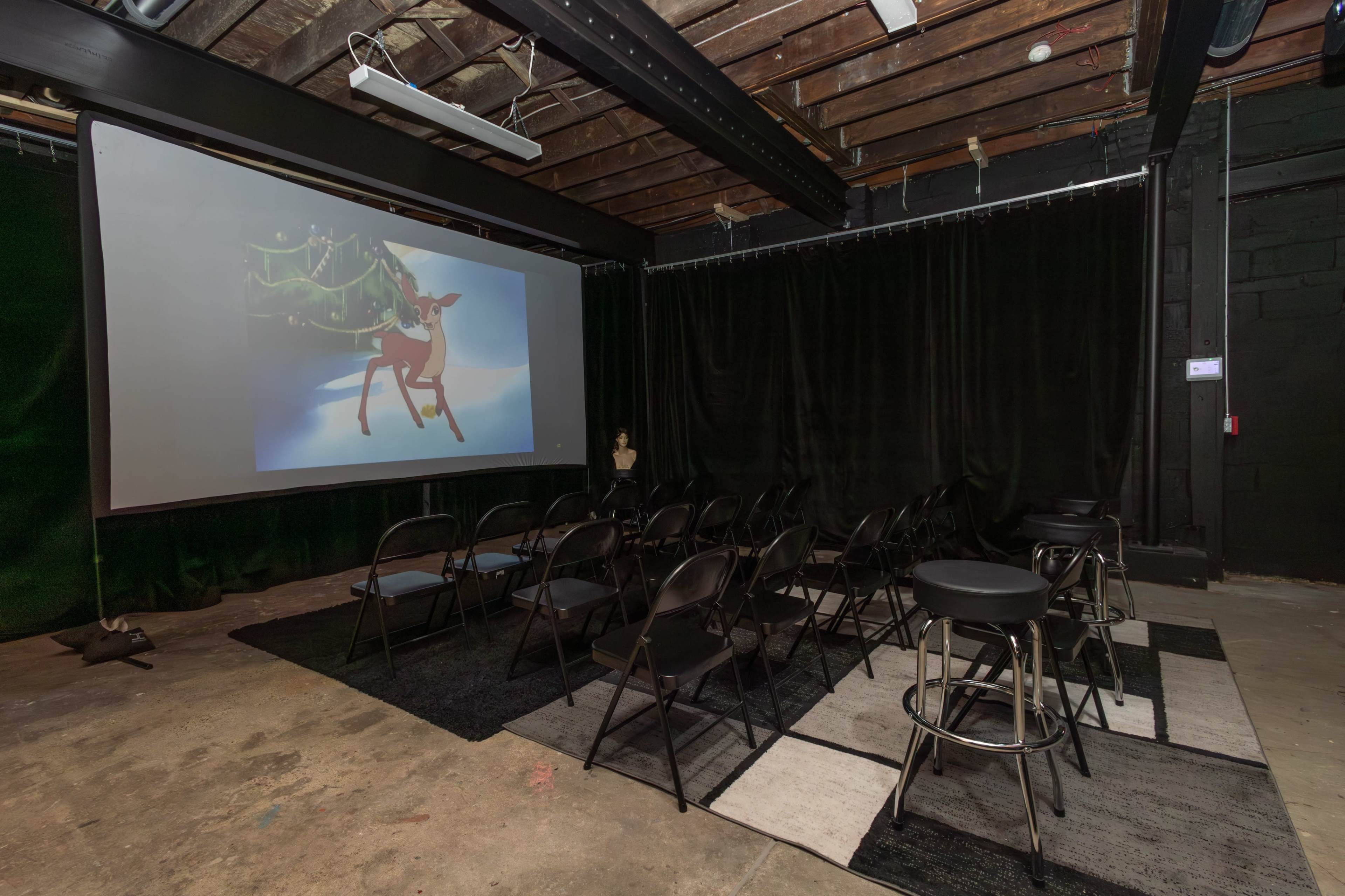 A small, dimly lit room with black chairs arranged in front of a screen displaying an animated reindeer, featuring a patterned carpet and black curtains.