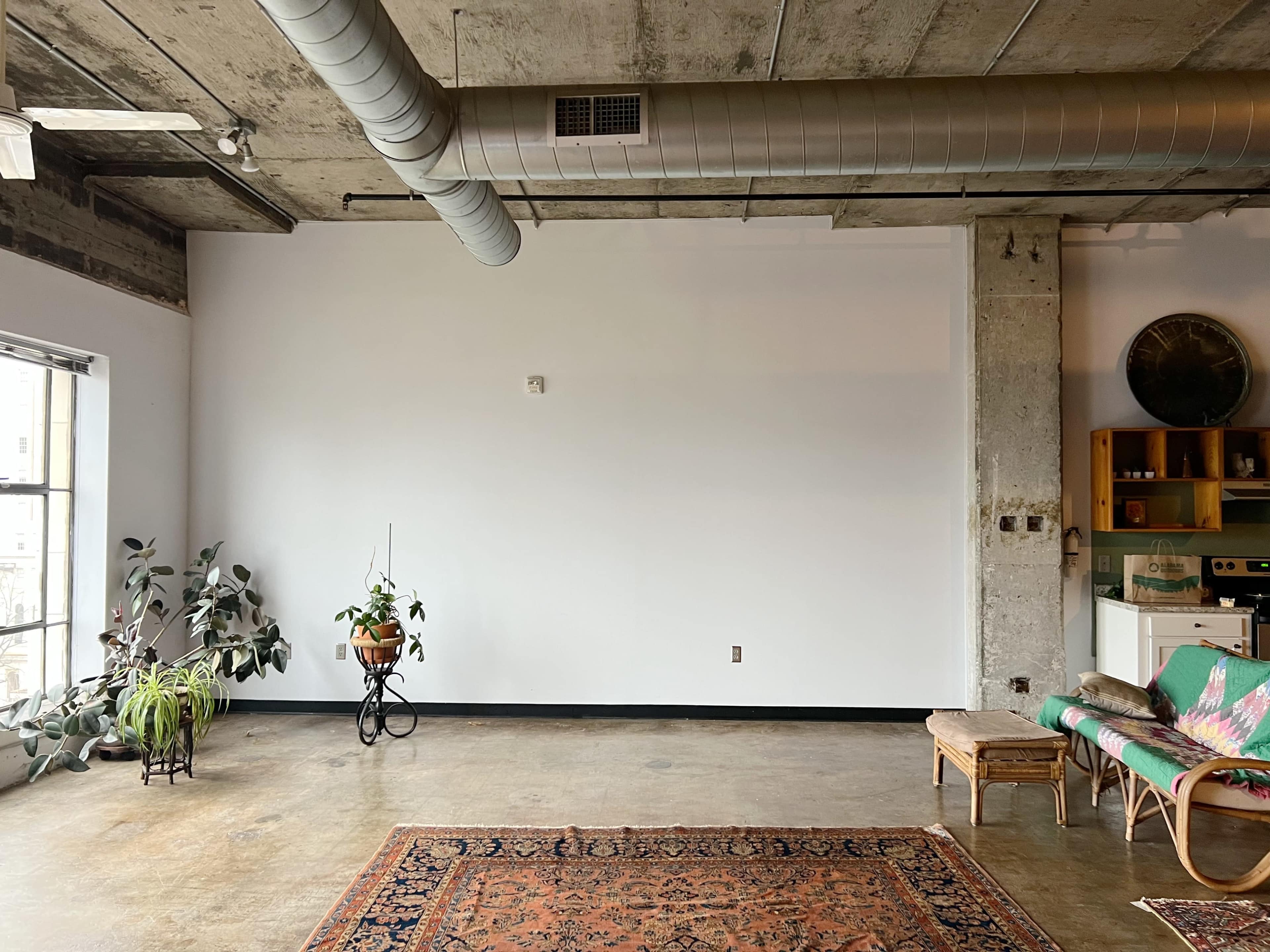 The image shows an empty interior space with a concrete floor, a large white wall, a few plants, and minimal furniture.