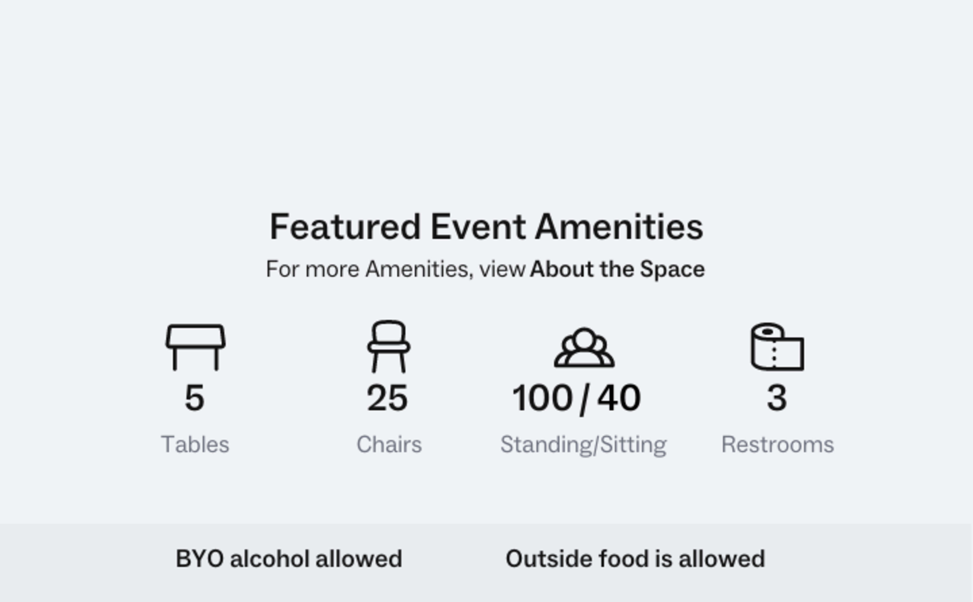 Information about featured event amenities, including the number of tables, chairs, standing/sitting capacity, and restrooms available.