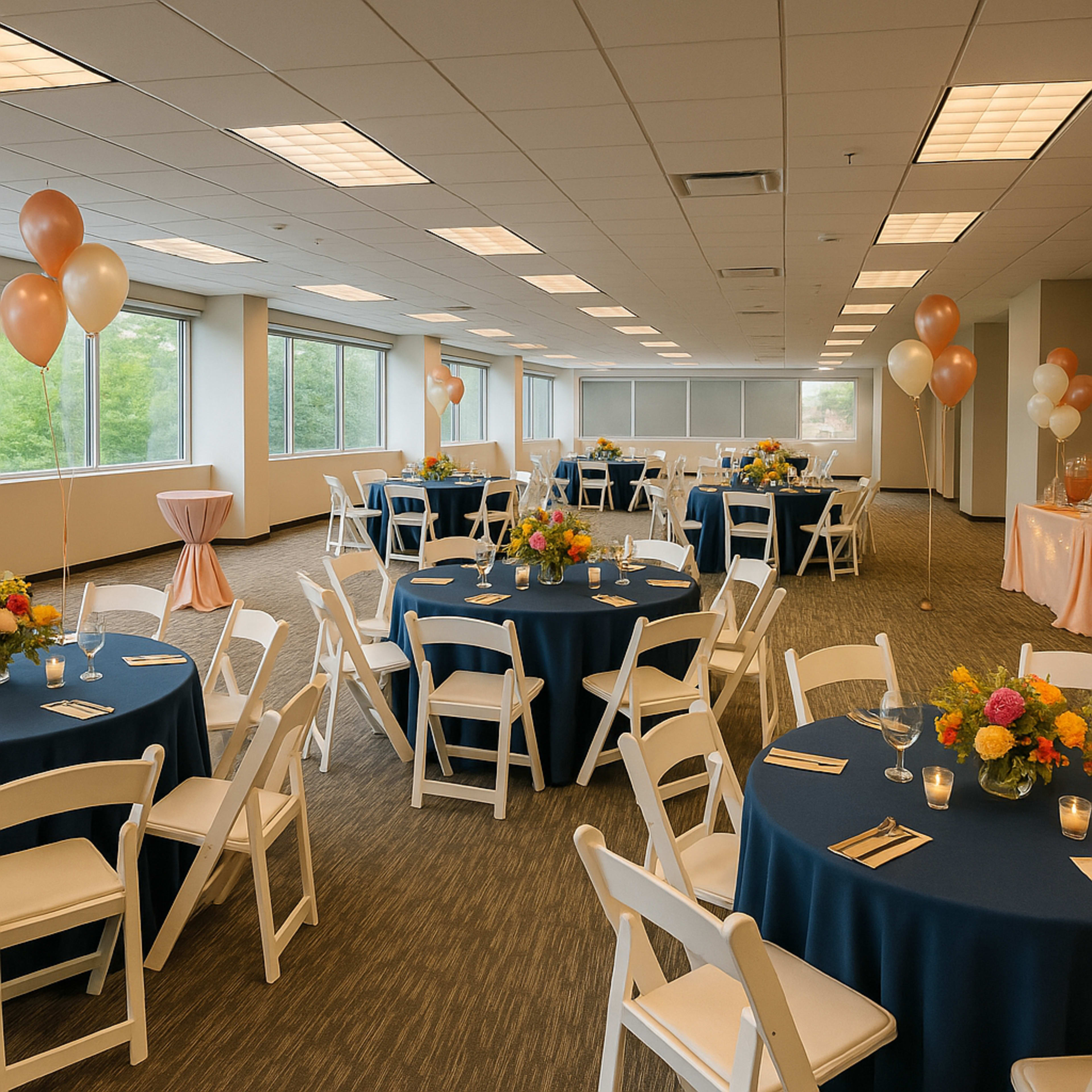 The image shows a large event space set up with round tables covered in navy blue tablecloths, decorated with flowers and candles, alongside white chairs and balloons in the corners.