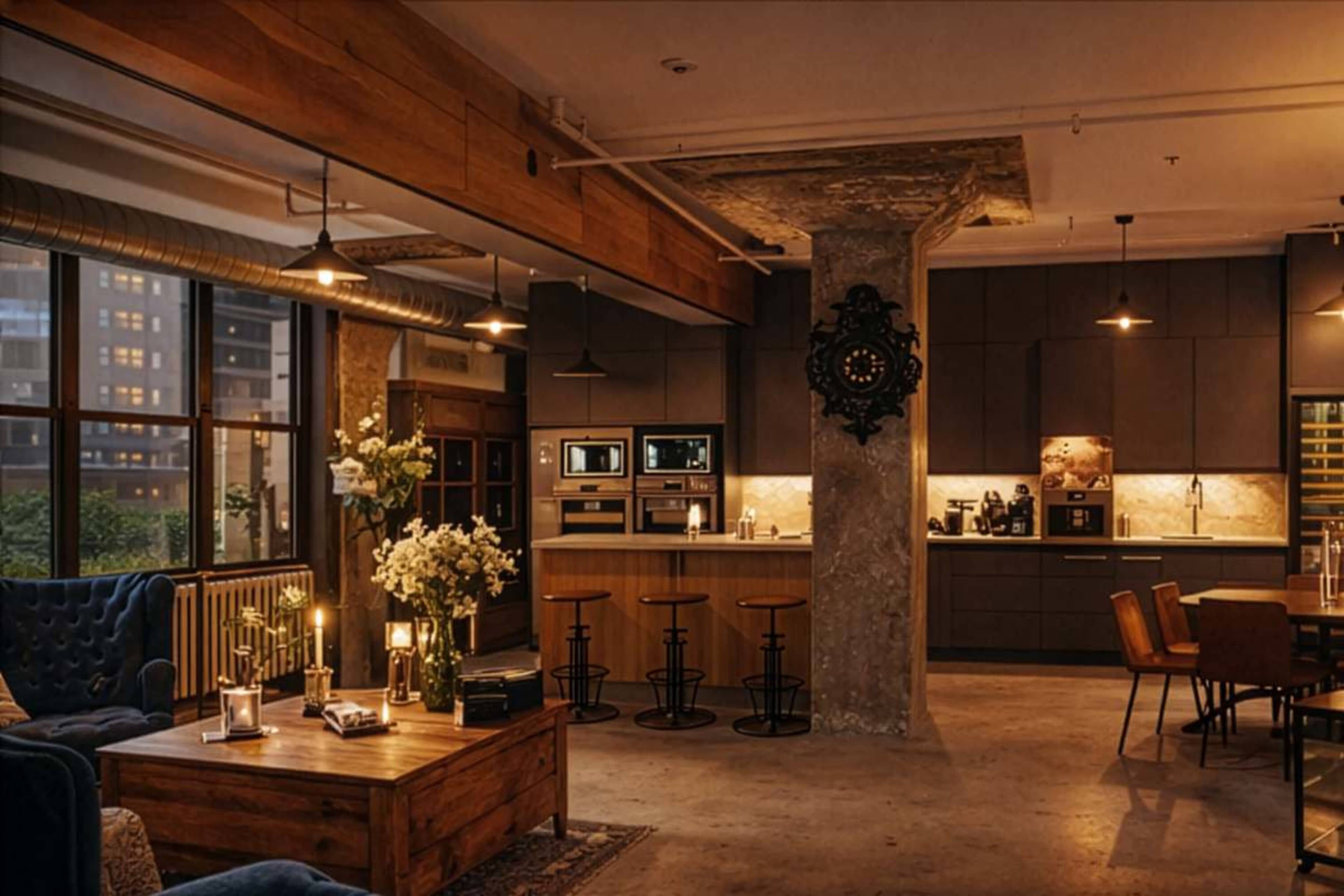 The image shows a modern kitchen and living area featuring wooden furniture, bar stools, and large windows with city views.