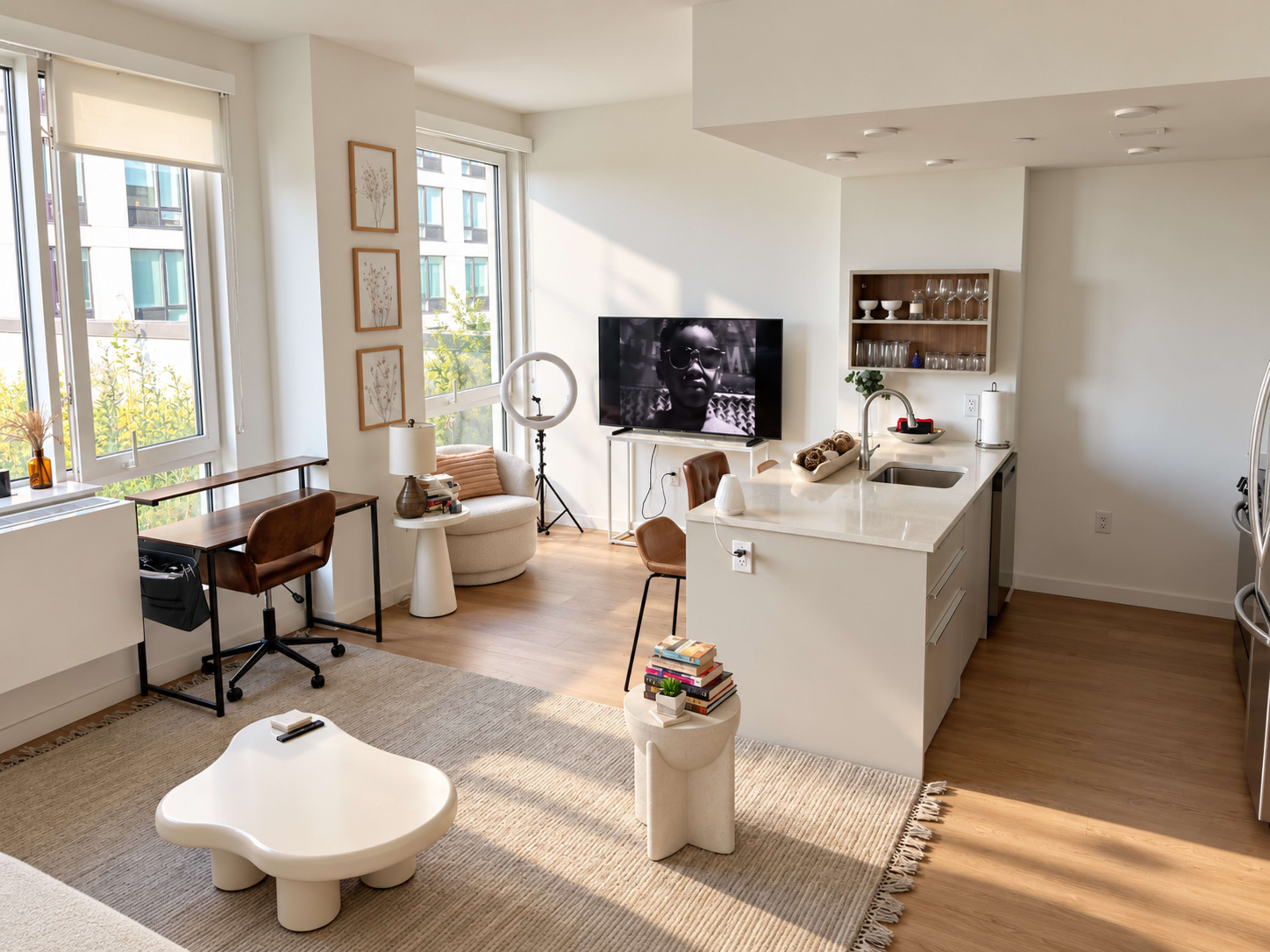 The image shows a modern living space featuring a kitchen, a dining area, a soft seating arrangement, and a television displaying black and white content.