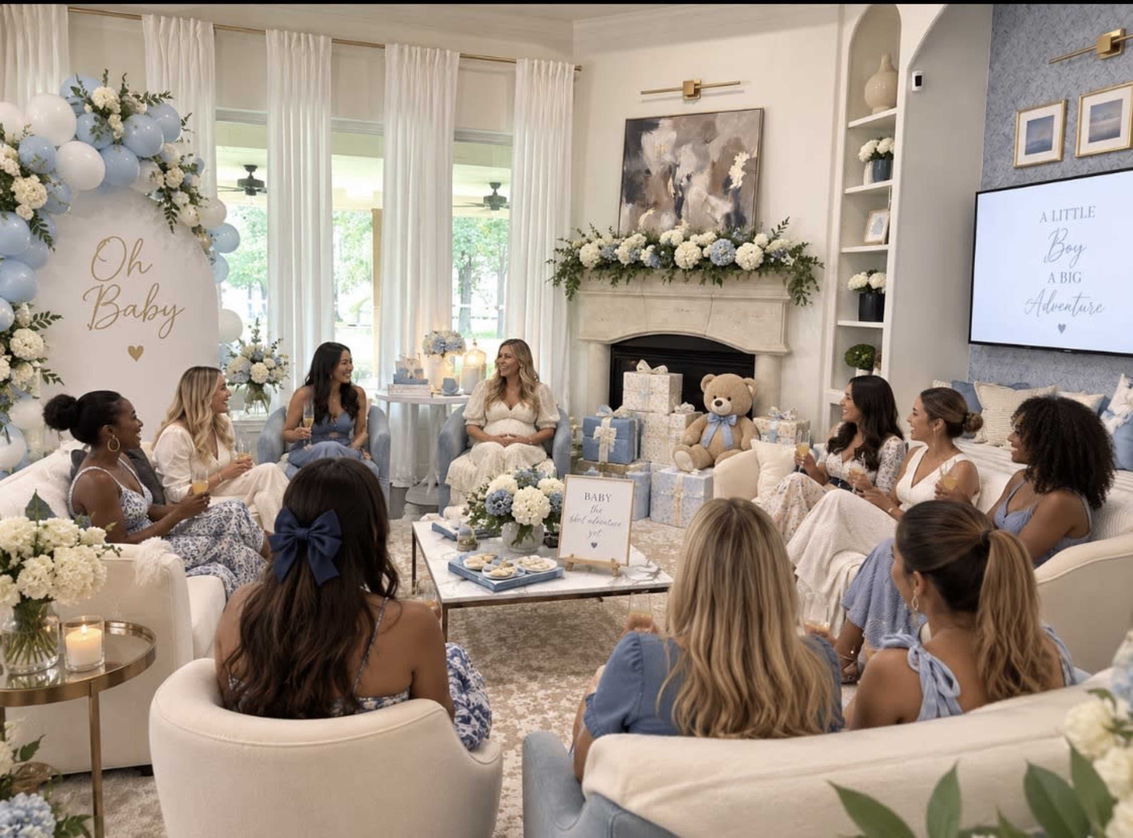 A group of women are seated in a living room decorated for a baby shower, surrounded by blue and white balloons, floral arrangements, and teddy bear accents.