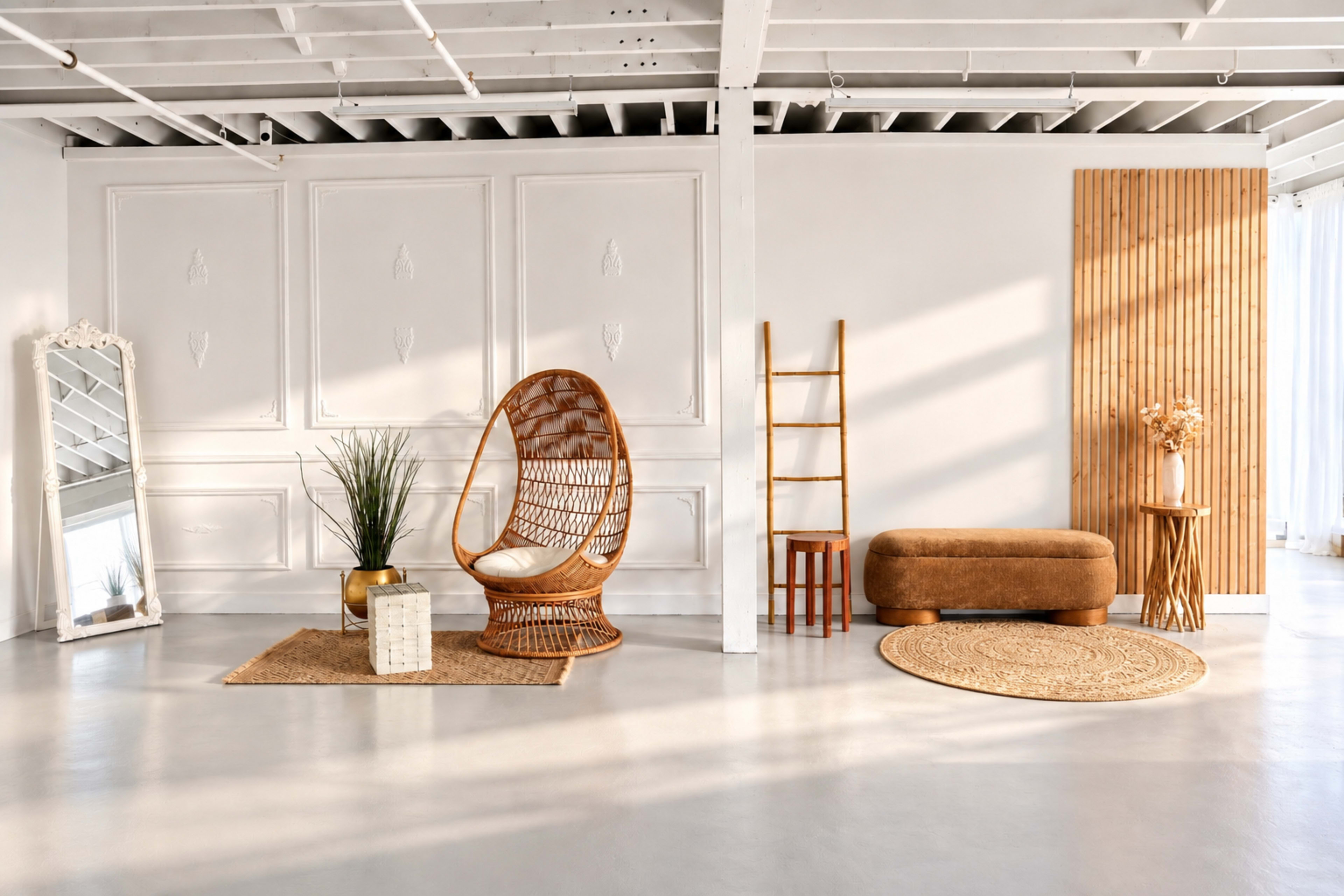 The image shows a well-lit interior space featuring a wicker chair, a brown ottoman, a mirror, a wooden ladder, and a decorative plant on a circular rug.