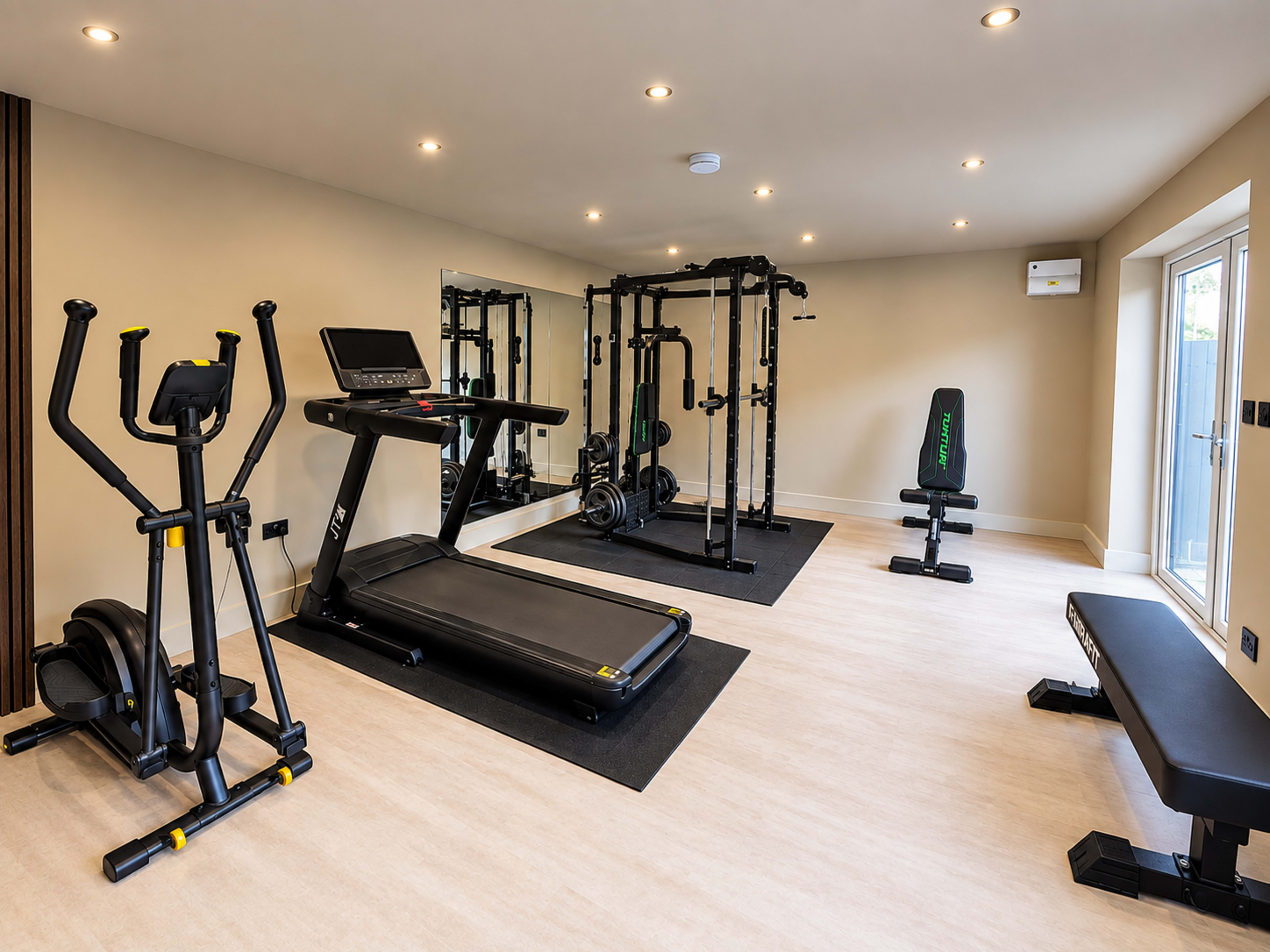 The image shows a modern home gym equipped with an elliptical machine, a treadmill, weightlifting equipment, a bench, and mirrors along the walls.