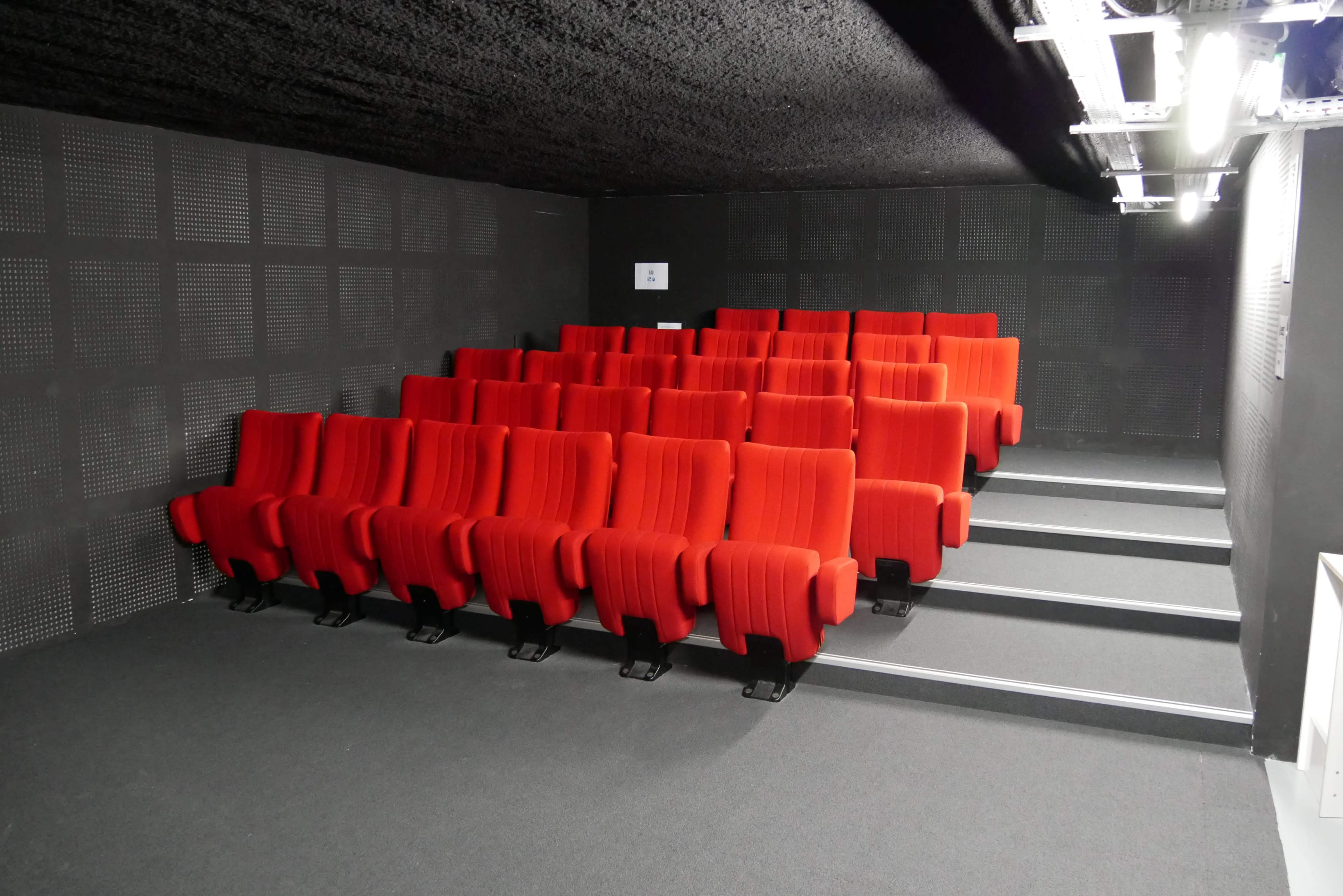A small theater room with rows of red chairs arranged on a black carpeted floor.