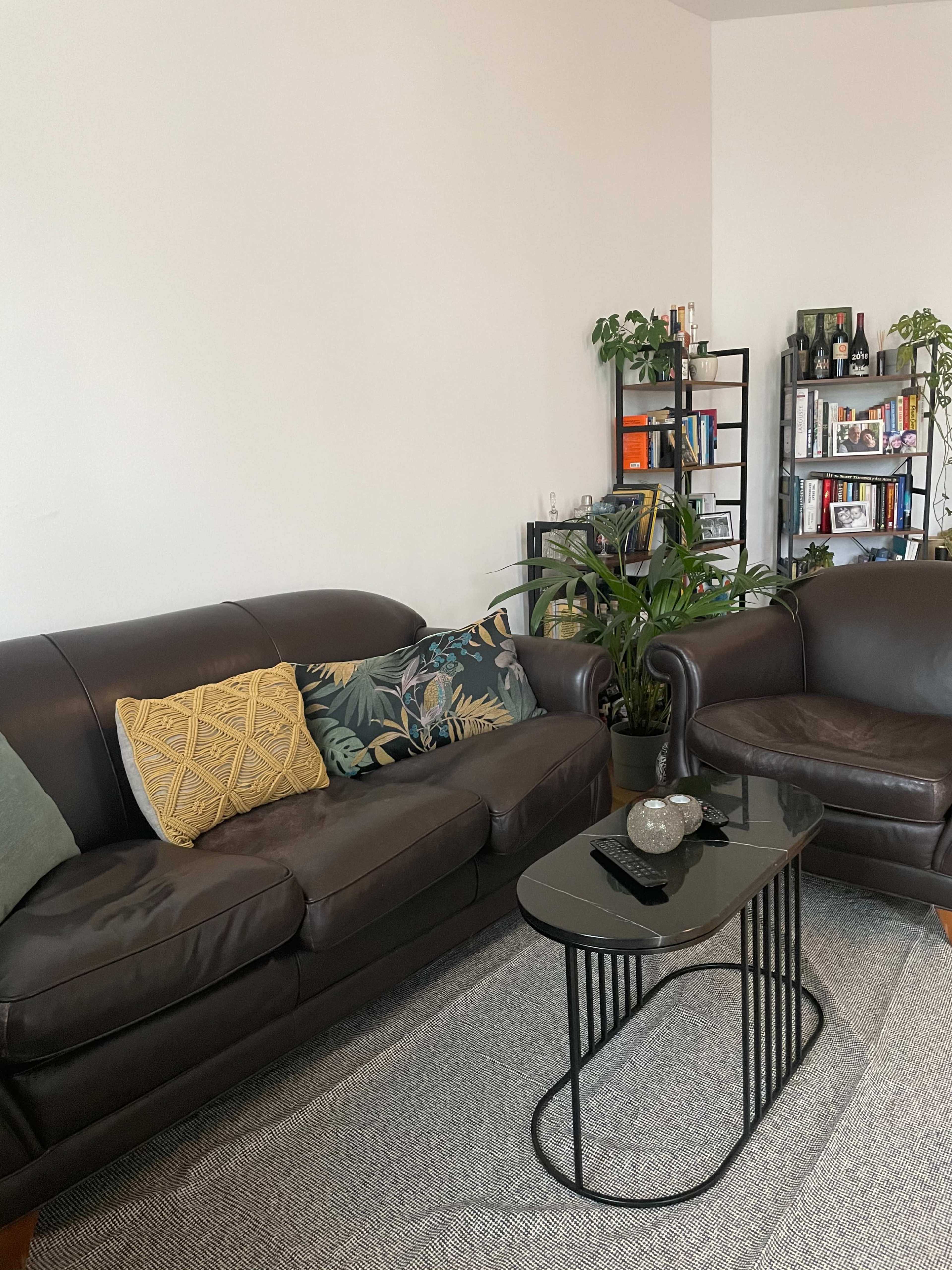 A dark leather sofa and armchair are arranged around a glass coffee table on a textured rug in a bright living room with bookshelves and potted plants in the background.