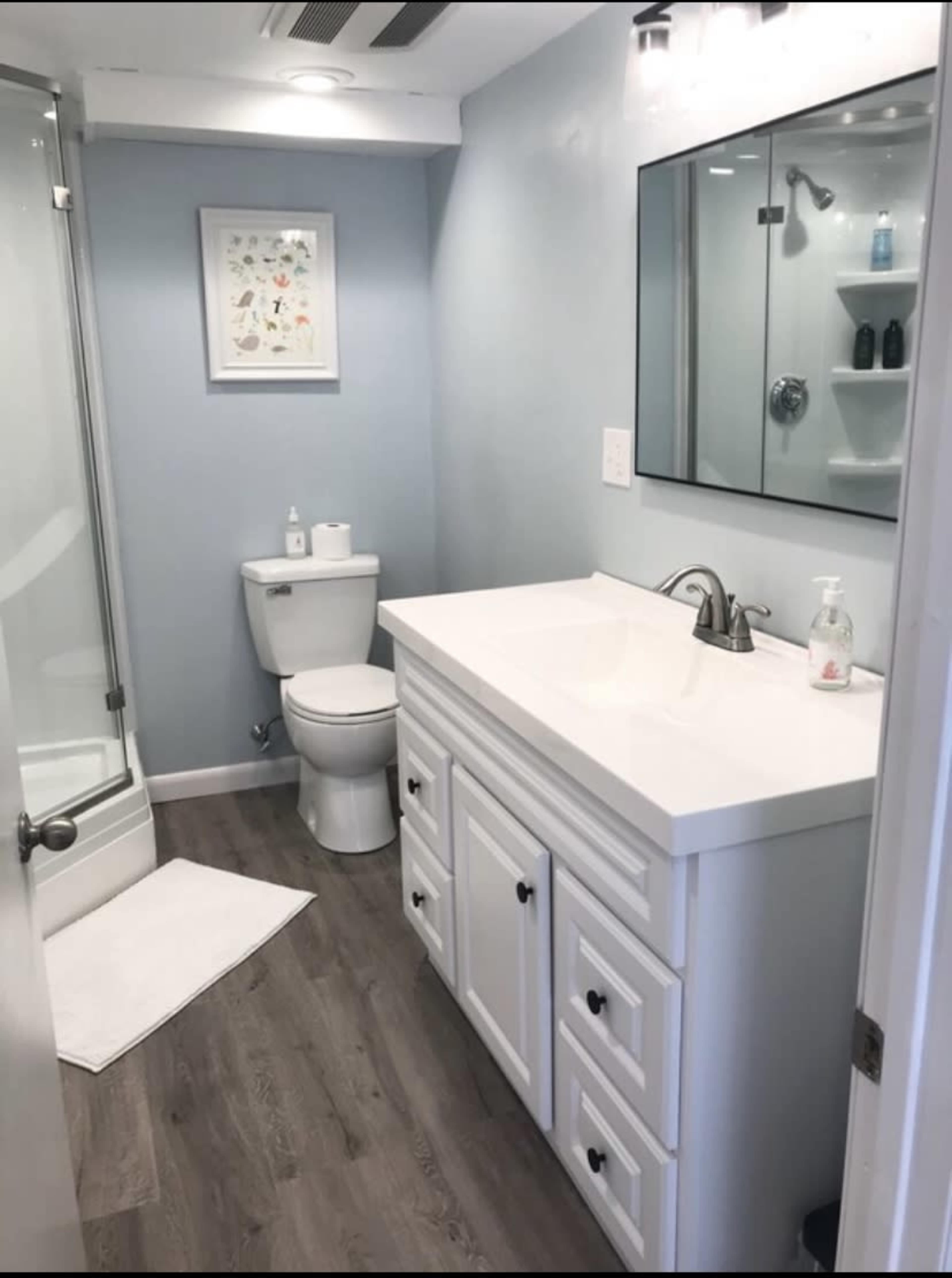 A modern bathroom with a white vanity, a toilet, a shower area, and light blue walls.