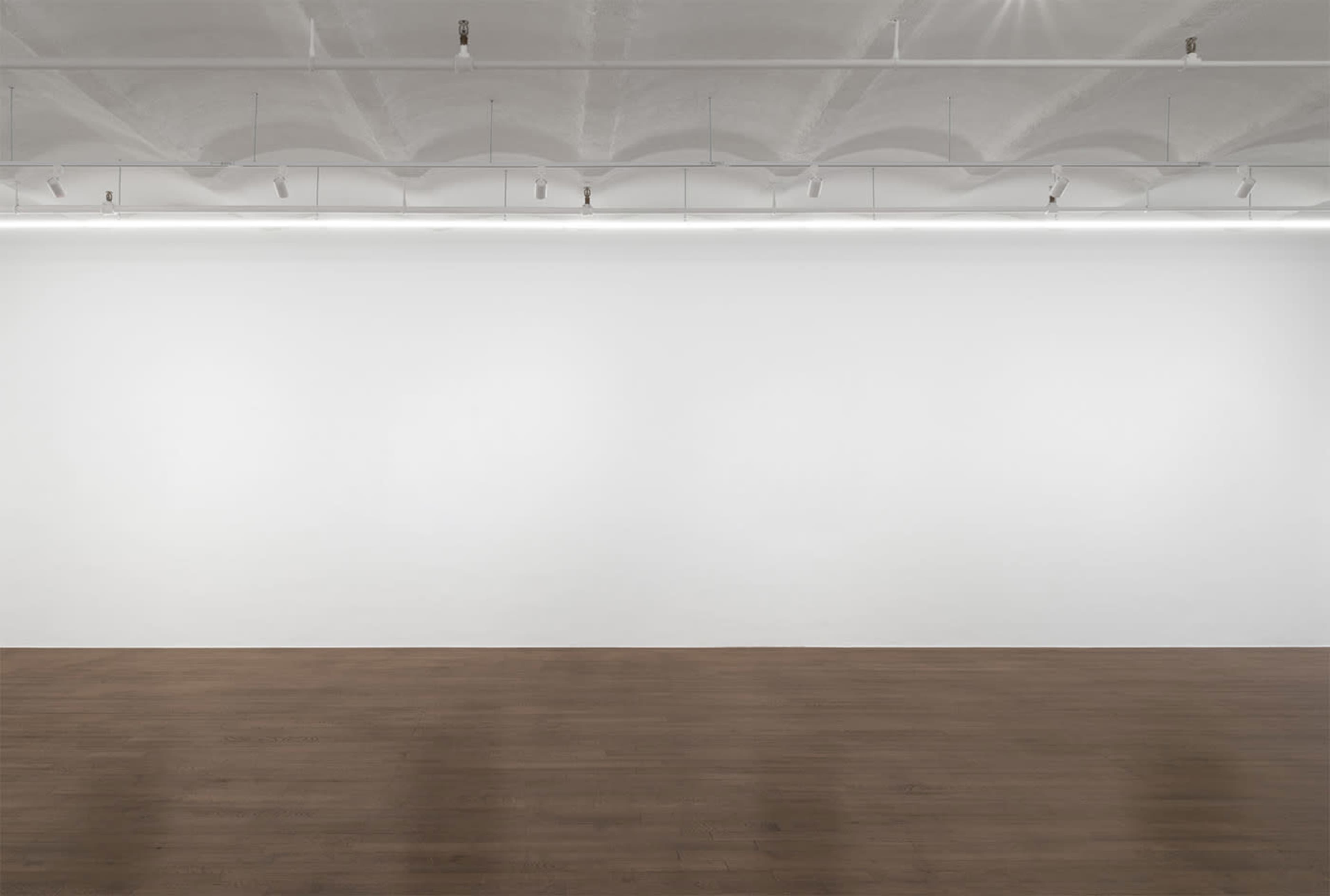 The image shows an empty art gallery with a plain white wall and a polished wooden floor.