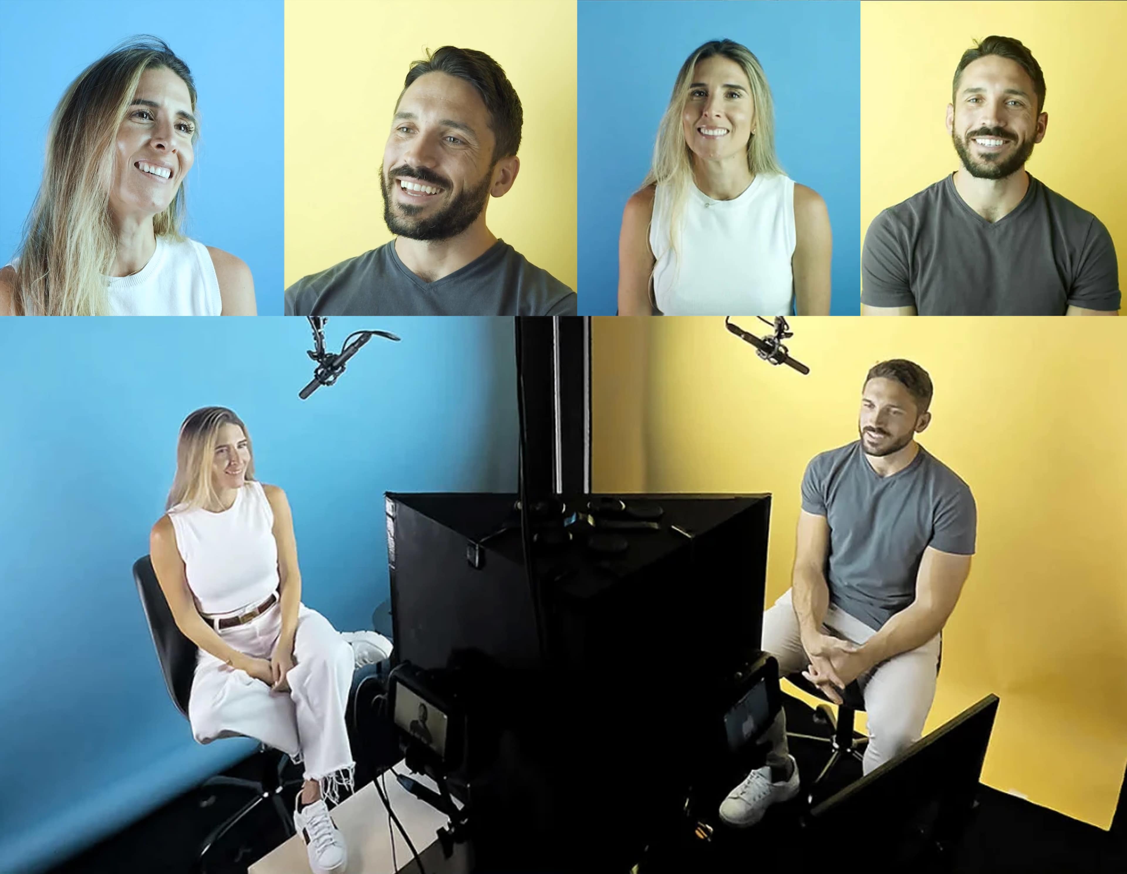 The image shows a split-screen setup featuring two individuals being interviewed, with one set against a blue background and the other against a yellow background.