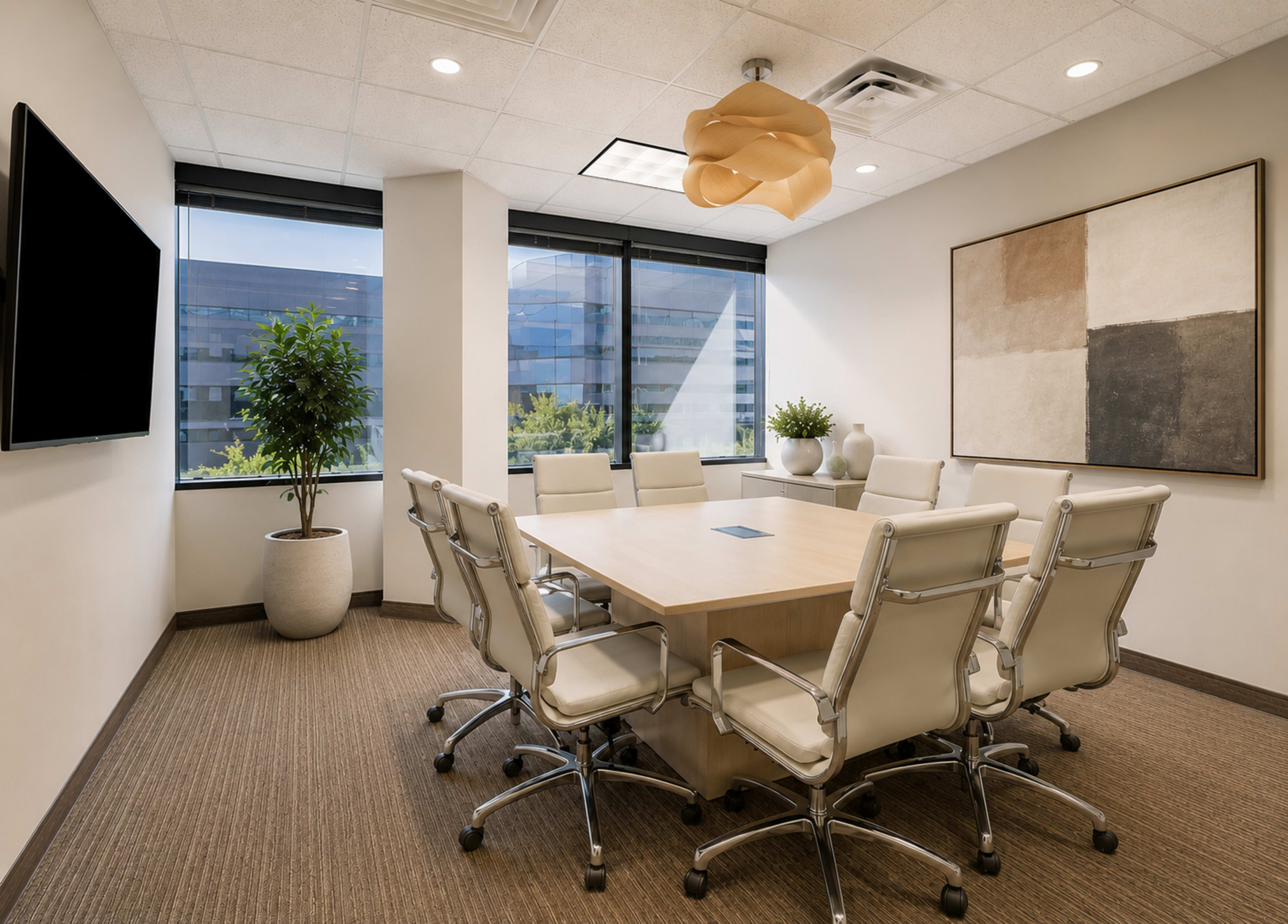 A modern conference room features a large wooden table surrounded by ergonomic chairs, with a TV mounted on one wall and large windows letting in natural light.