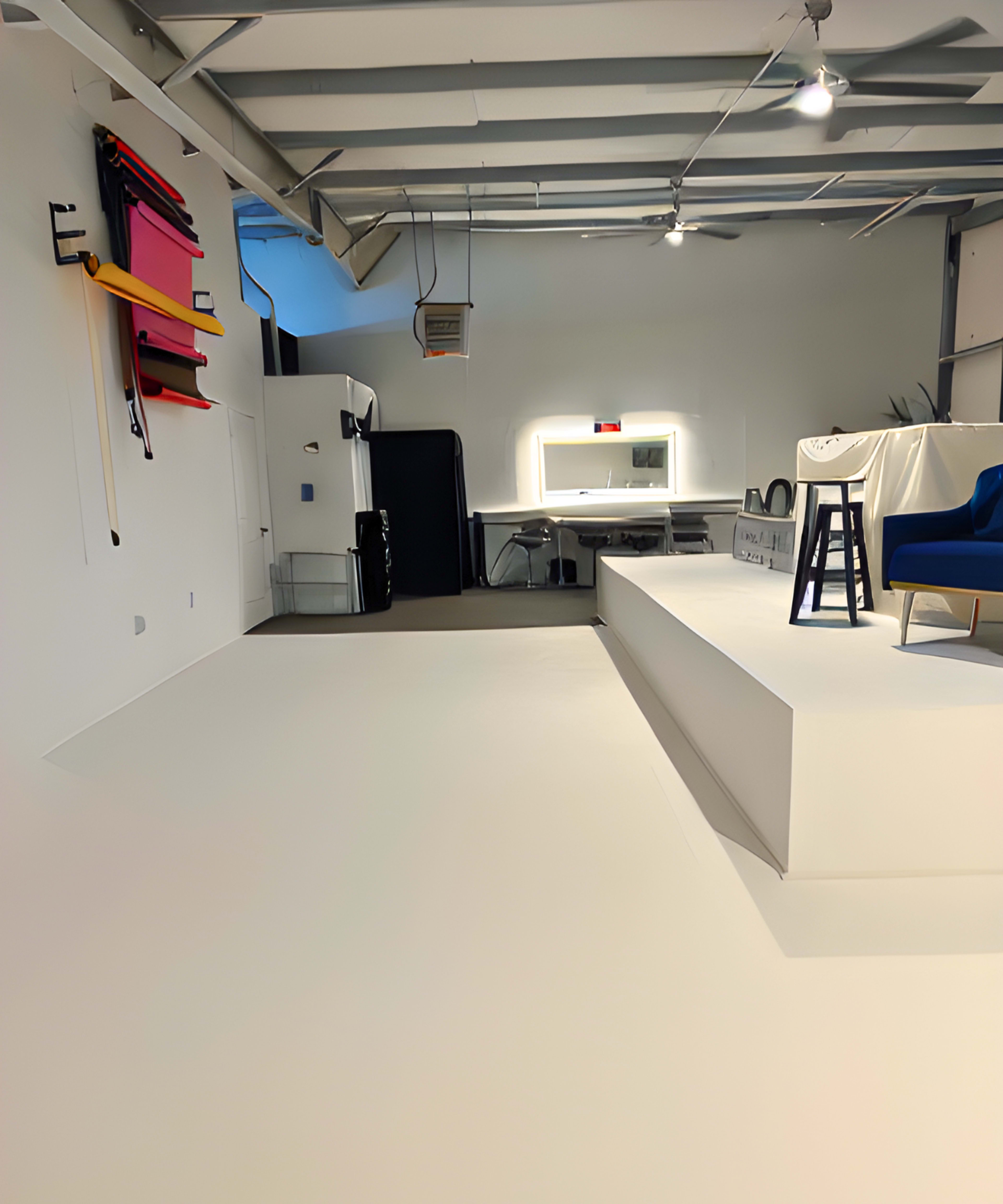 A modern, minimalist studio space with a white floor, colorful backdrops mounted on the wall, and a setup including a table and chairs.